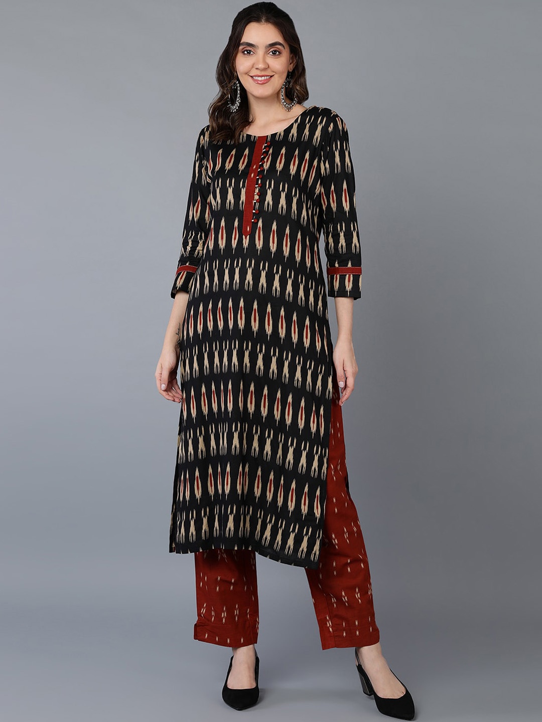 

AHIKA Black & Maroon Ethnic Motifs Printed Straight Kurta with Trousers