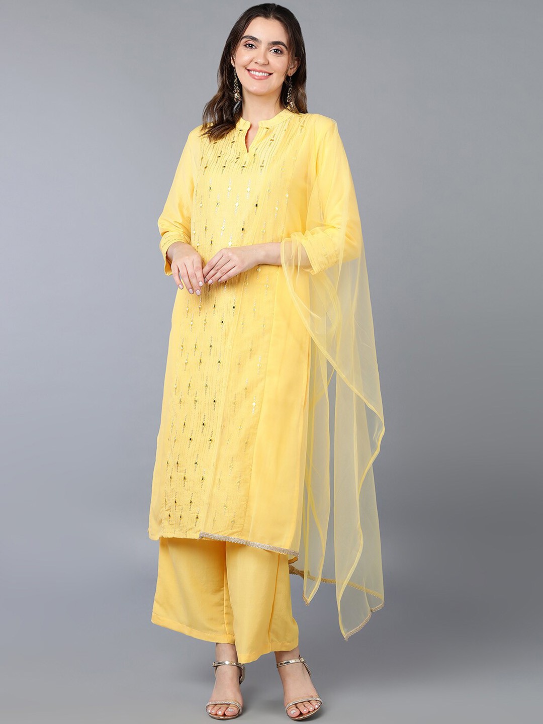 

AHIKA Yellow Ethnic Motifs Embroidered Regular Mirror Work Kurta with Palazzos & Dupatta