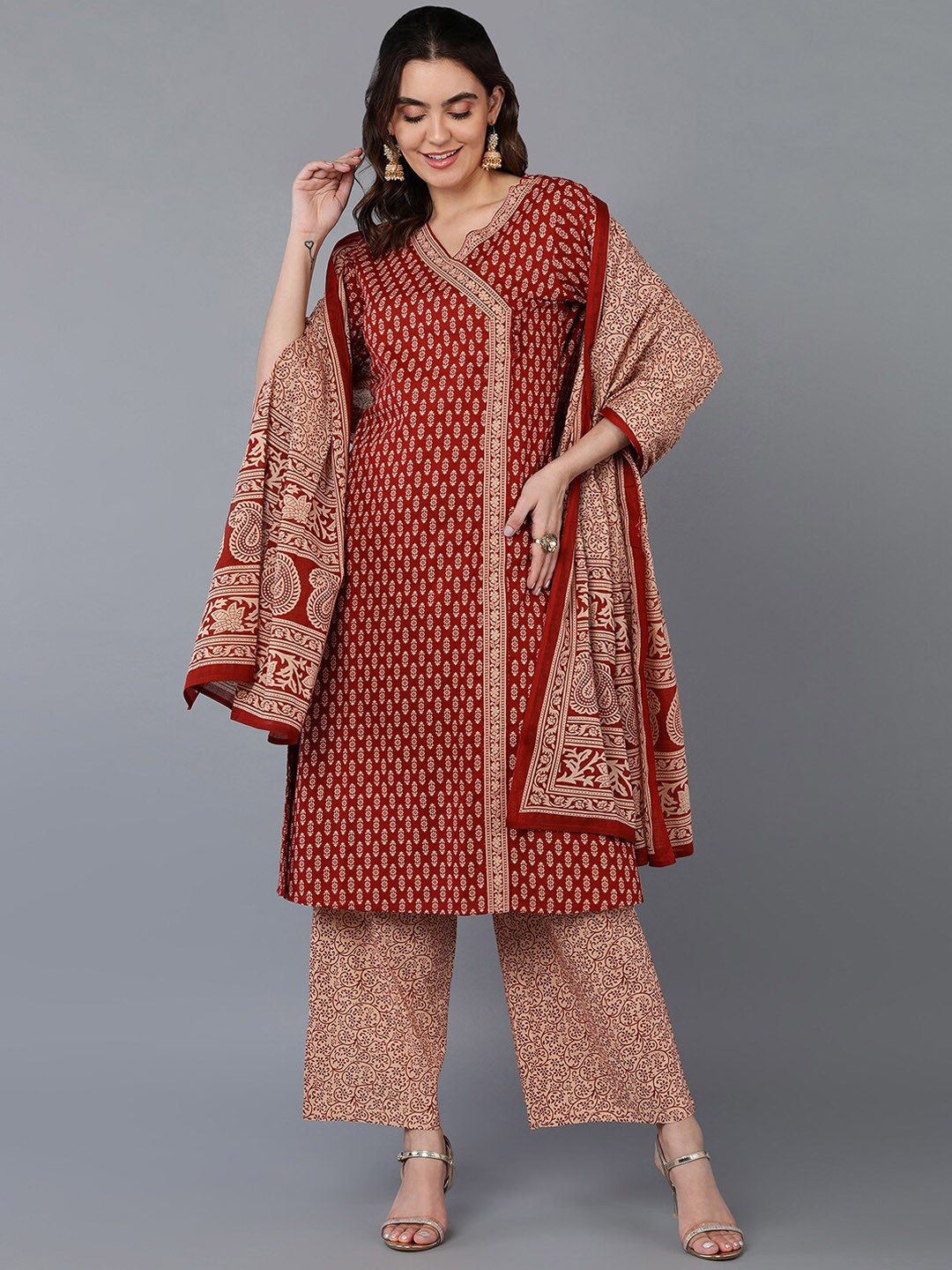 

AHIKA Red Ethnic Motifs Printed Angrakha Pure Cotton Kurta with Palazzos & Dupatta