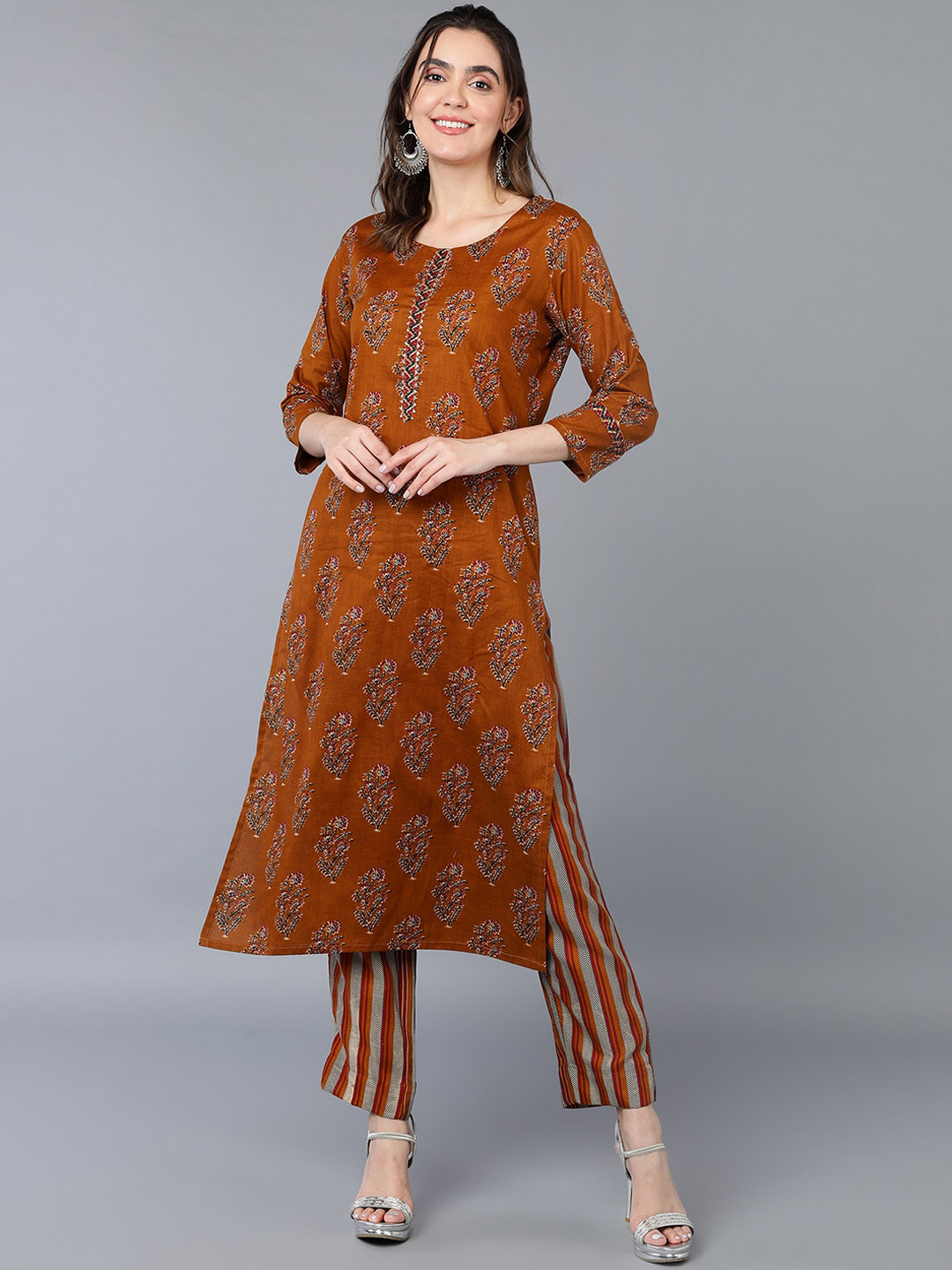 

AHIKA Mustard Yellow Yoke Design Ethnic Motifs Printed Gotta Patti Kurta with Trousers
