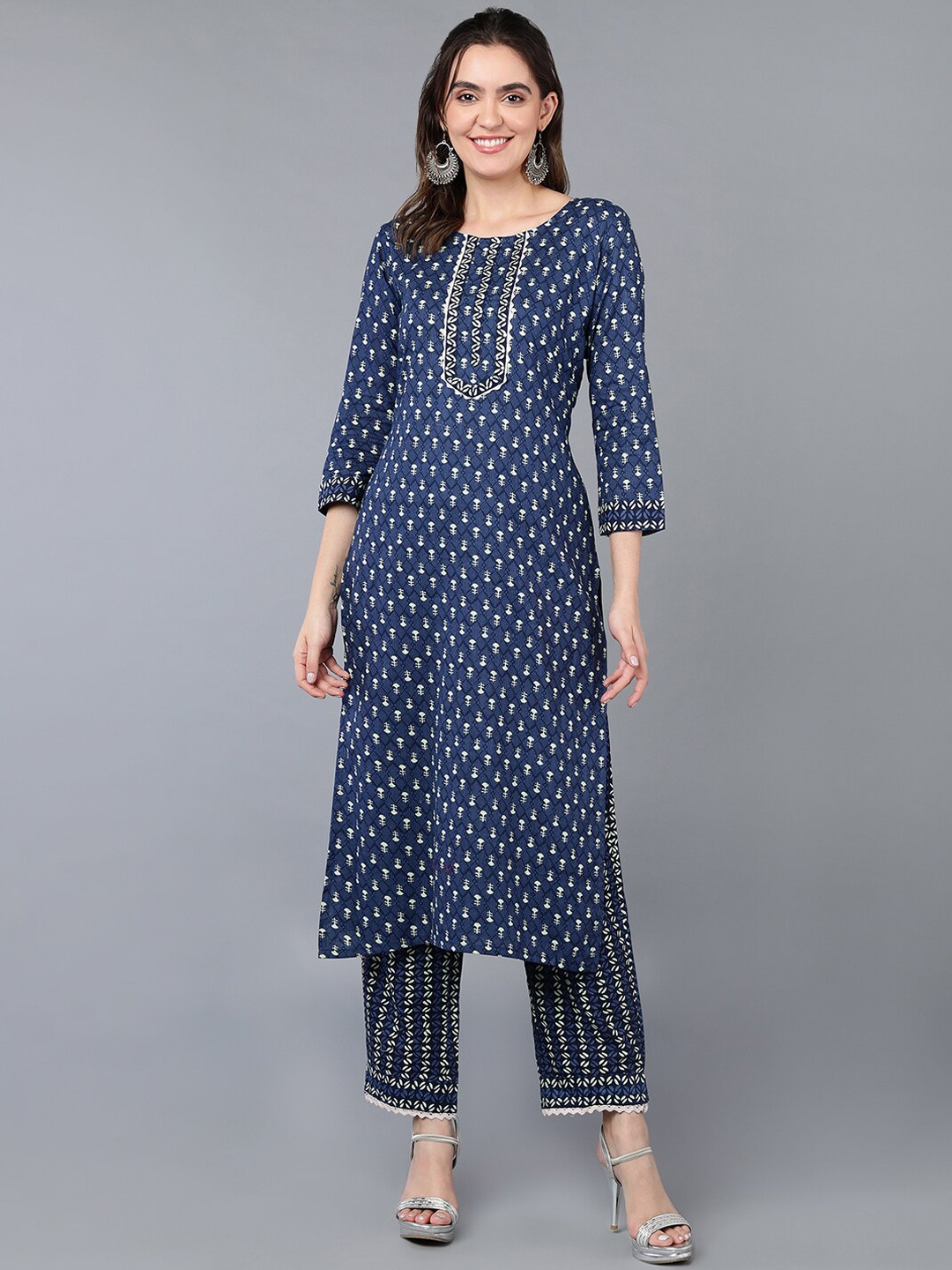 

AHIKA Navy Blue Yoke Design Ethnic Motifs Printed Regular Pure Cotton Kurta with Trousers