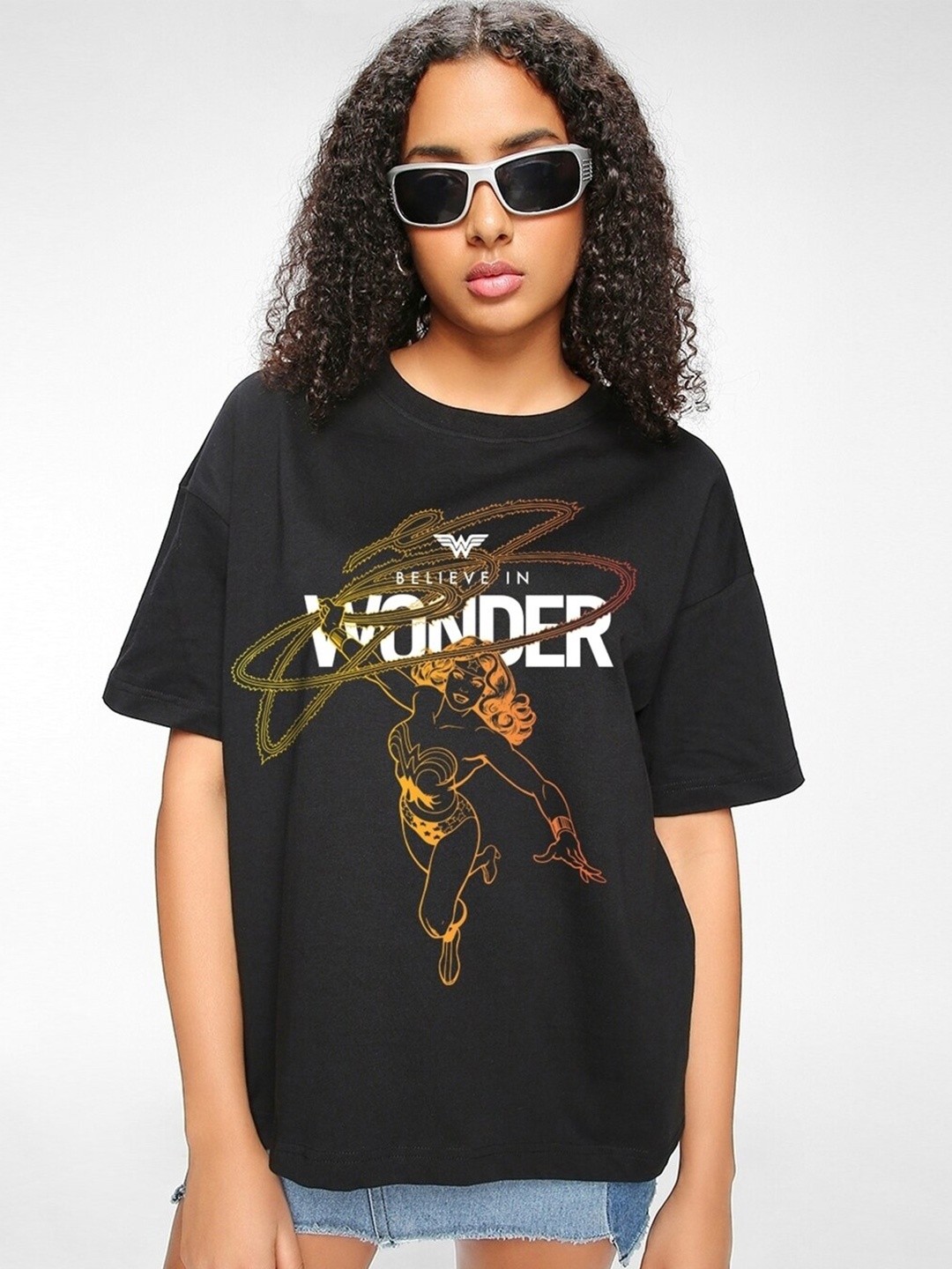 

Bewakoof Black Believe In Wonder Graphic Printed Oversized T-shirt