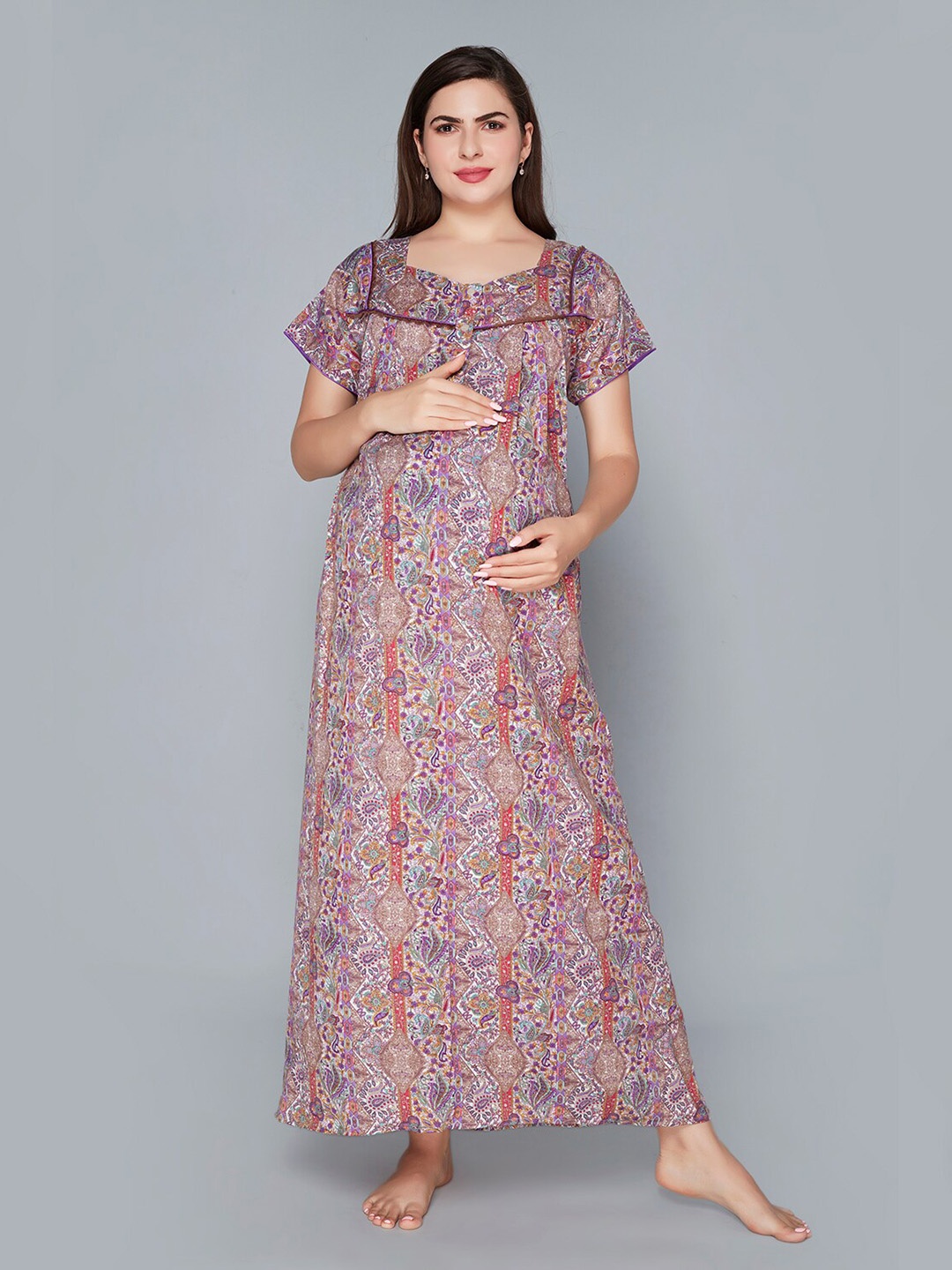 

Lady Love Ethnic Motifs Printed Maternity Maxi Nightdress, Brown