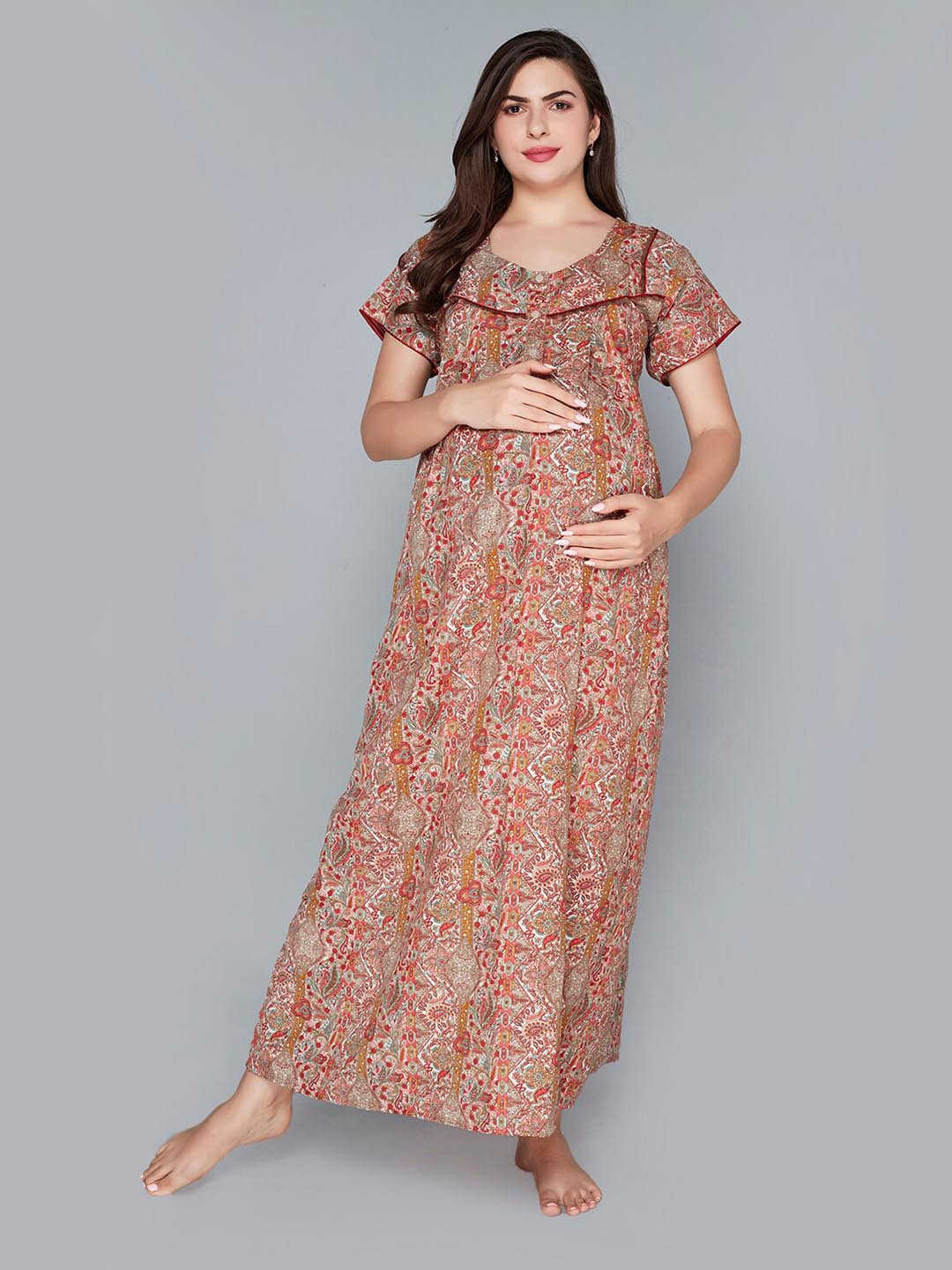 

Lady Love Ethnic Motifs Printed Maternity Maxi Nightdress, Brown