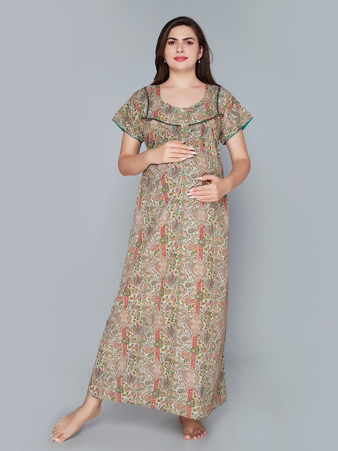 

Lady Love Ethnic Motif Printed Maxi Maternity Nightdress, Green