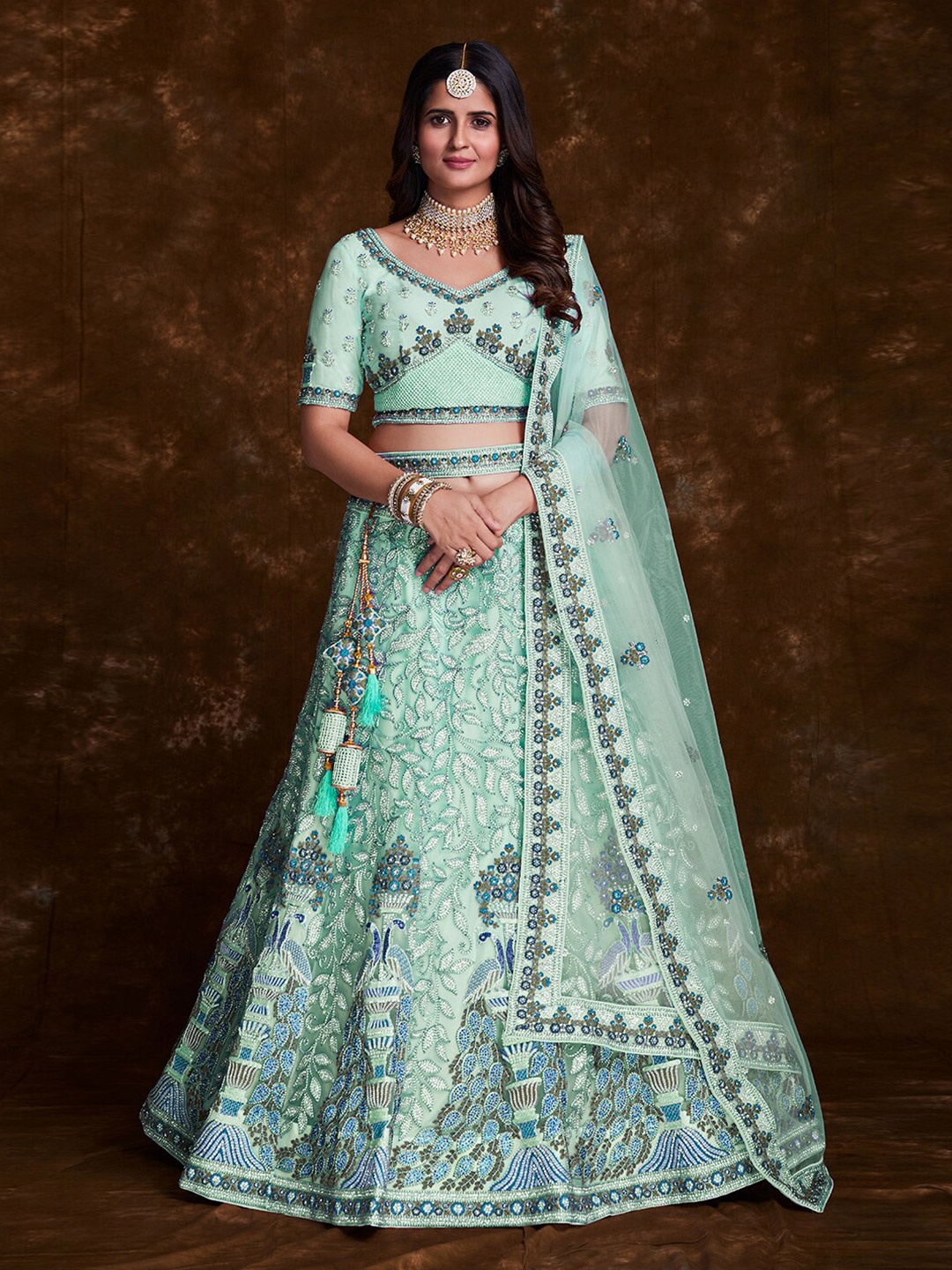 

Fusionic Embroidered Thread Work Semi-Stitched Lehenga & Unstitched Blouse With Dupatta, Sea green