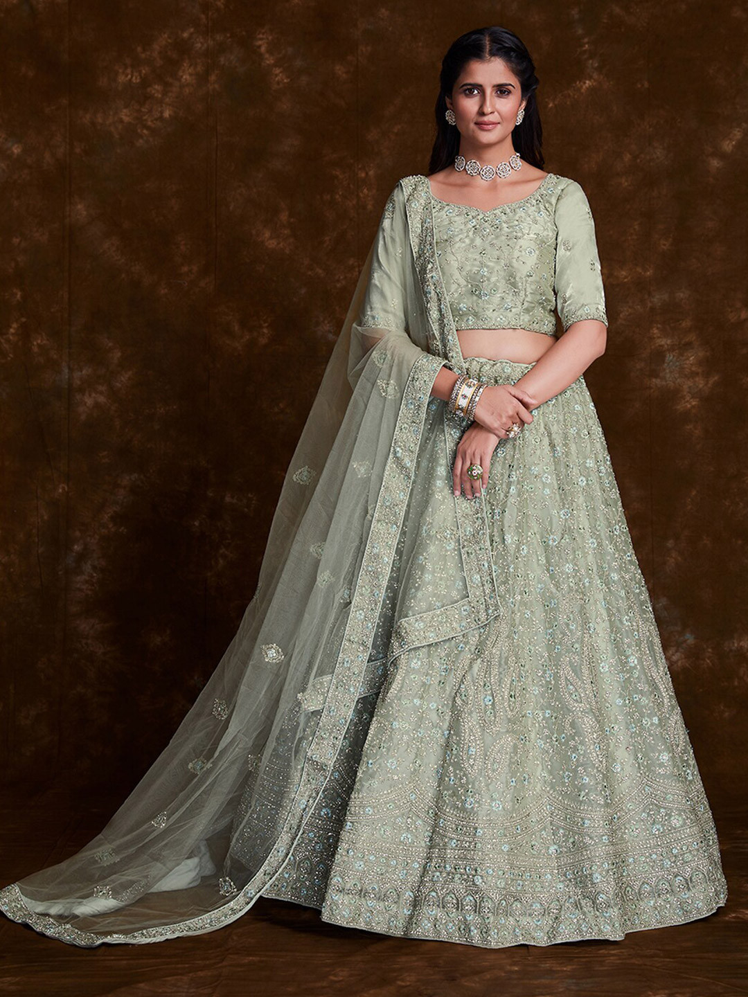 

Fusionic Floral Embroidered Stone Work Semi-Stitched Lehenga Choli With Dupatta, Green