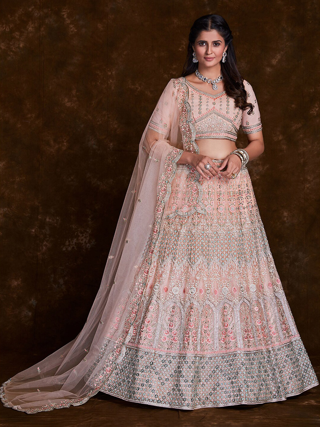

Fusionic Embroidered Thread Work Semi-Stitched Lehenga & Unstitched Blouse With Dupatta, Peach