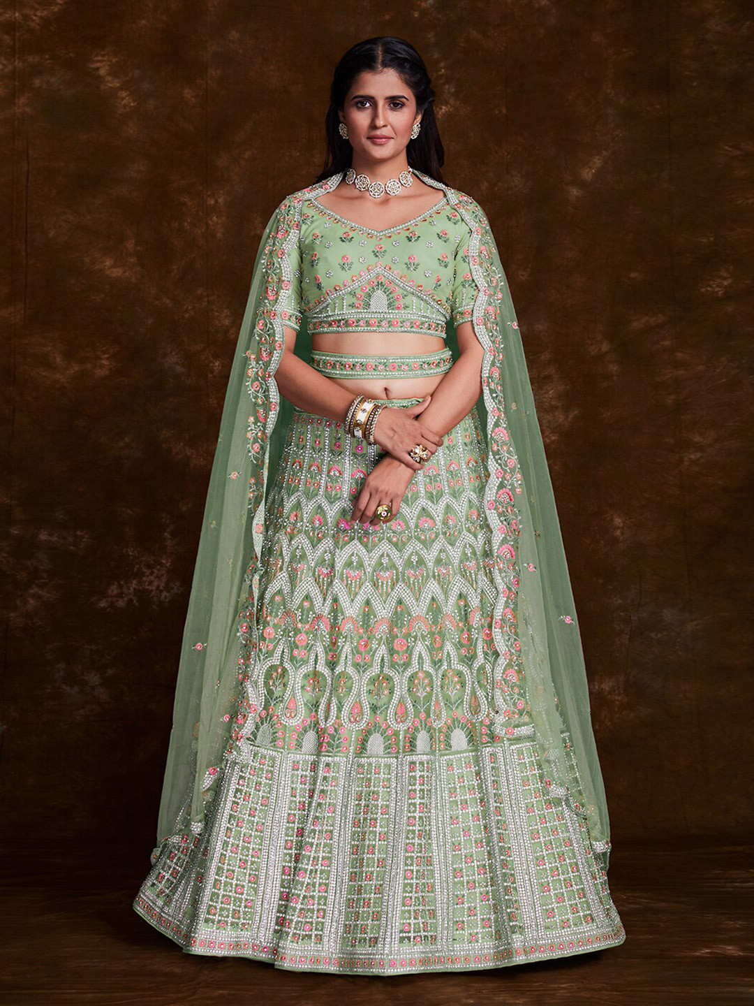 

Fusionic Embroidered Thread Work Semi-Stitched Lehenga & Unstitched Blouse With Dupatta, Green