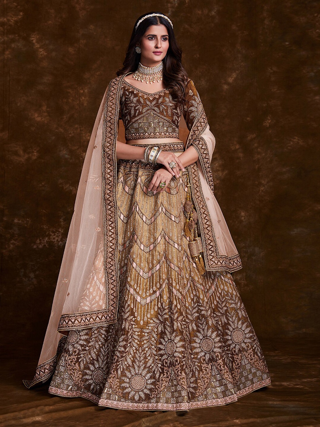 

Fusionic Embroidered Thread Work Semi-Stitched Lehenga & Unstitched Blouse With Dupatta, Brown