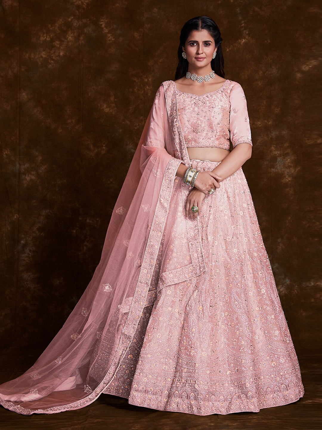 

Fusionic Embroidered Thread Work Semi-Stitched Lehenga & Unstitched Blouse With Dupatta, Peach