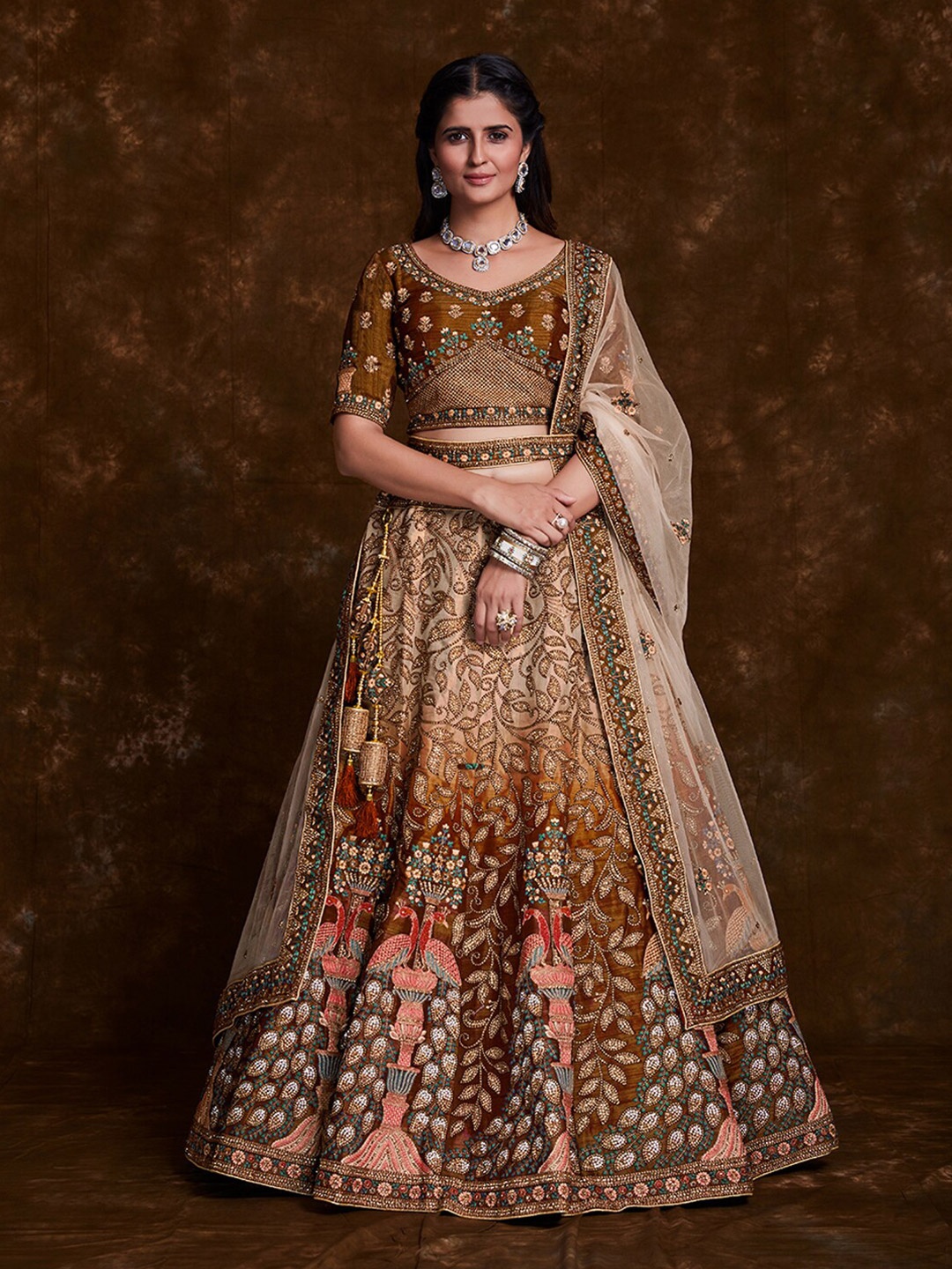 

Fusionic Embroidered Stone Work Semi-Stitched Lehenga Choli With Dupatta, Brown