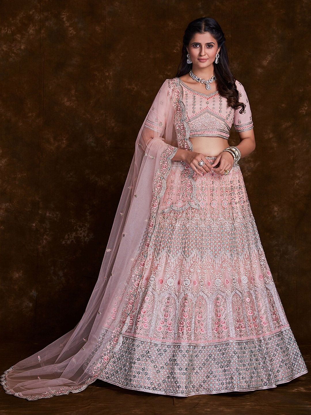

Fusionic Embroidered Thread Work Semi-Stitched Lehenga & Unstitched Blouse With Dupatta, Pink