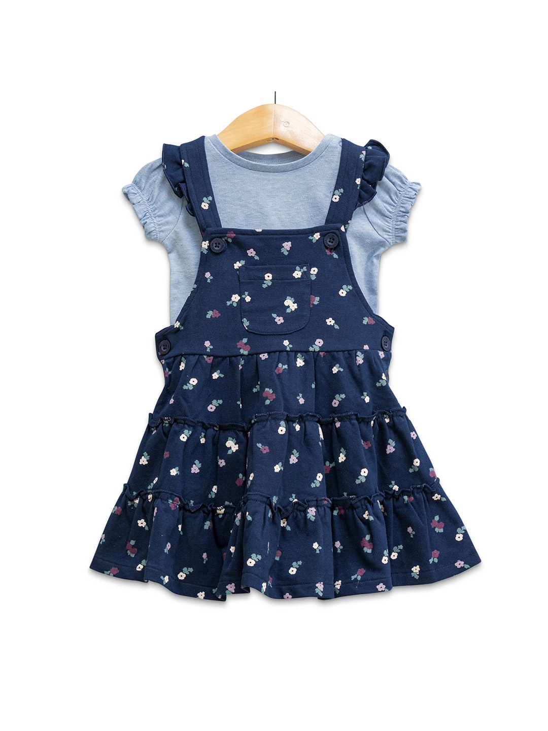 

JusCubs Girls Floral Printed Cotton Pinafore Dress With T-Shirt, Navy blue