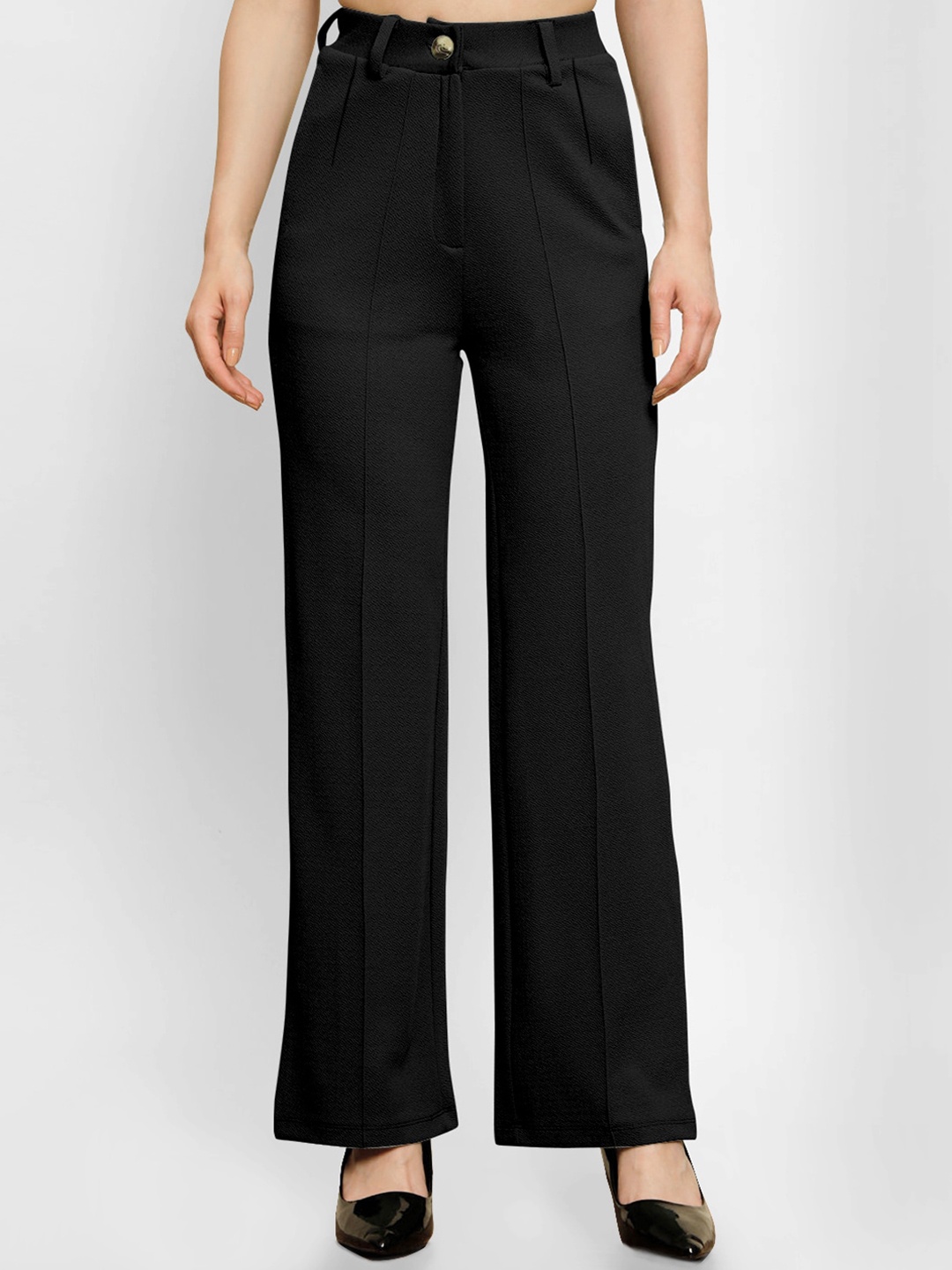 

PANIT Women Black Relaxed Straight Leg Straight Fit High-Rise Wrinkle Free Trousers