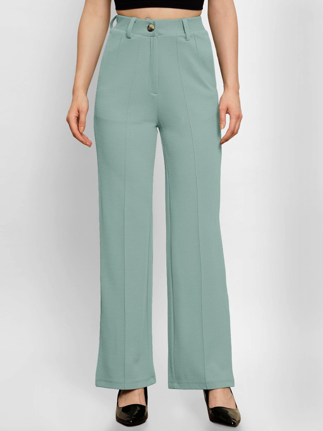 

PANIT Women Sea Green Relaxed Straight Leg Straight Fit High-Rise Lycra Parallel Trousers