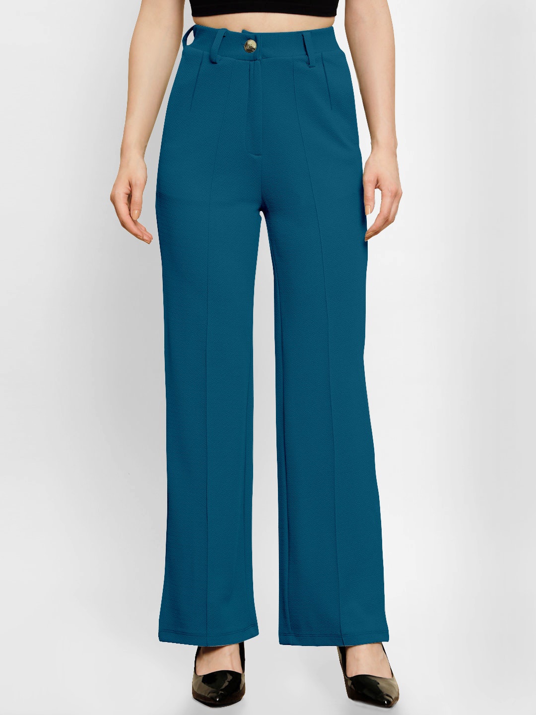 

PANIT Women Teal Relaxed Straight Leg Straight Fit High-Rise Lycra ParallelTrousers