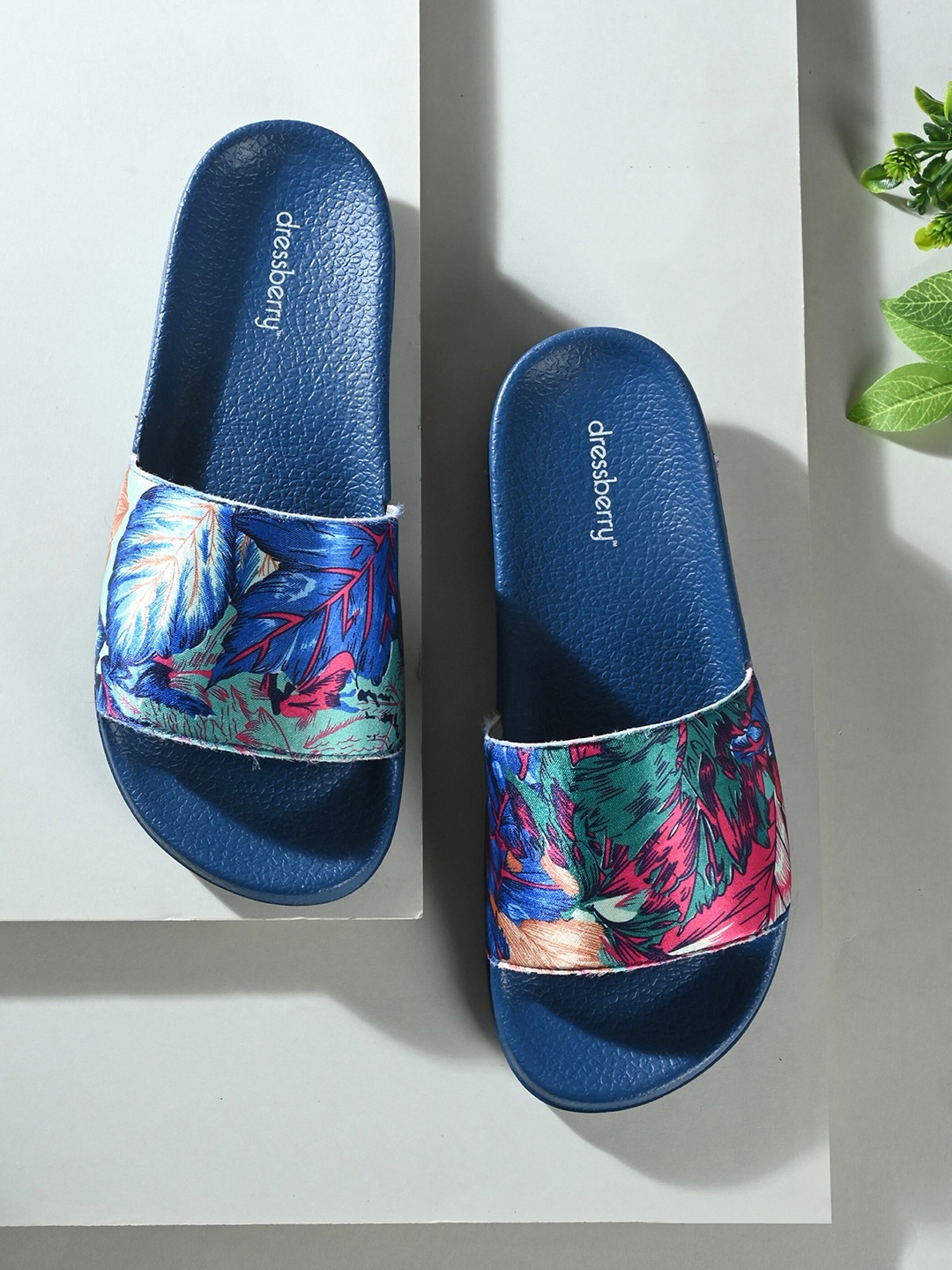 

DressBerry Women Navy Blue & Green Printed Sliders