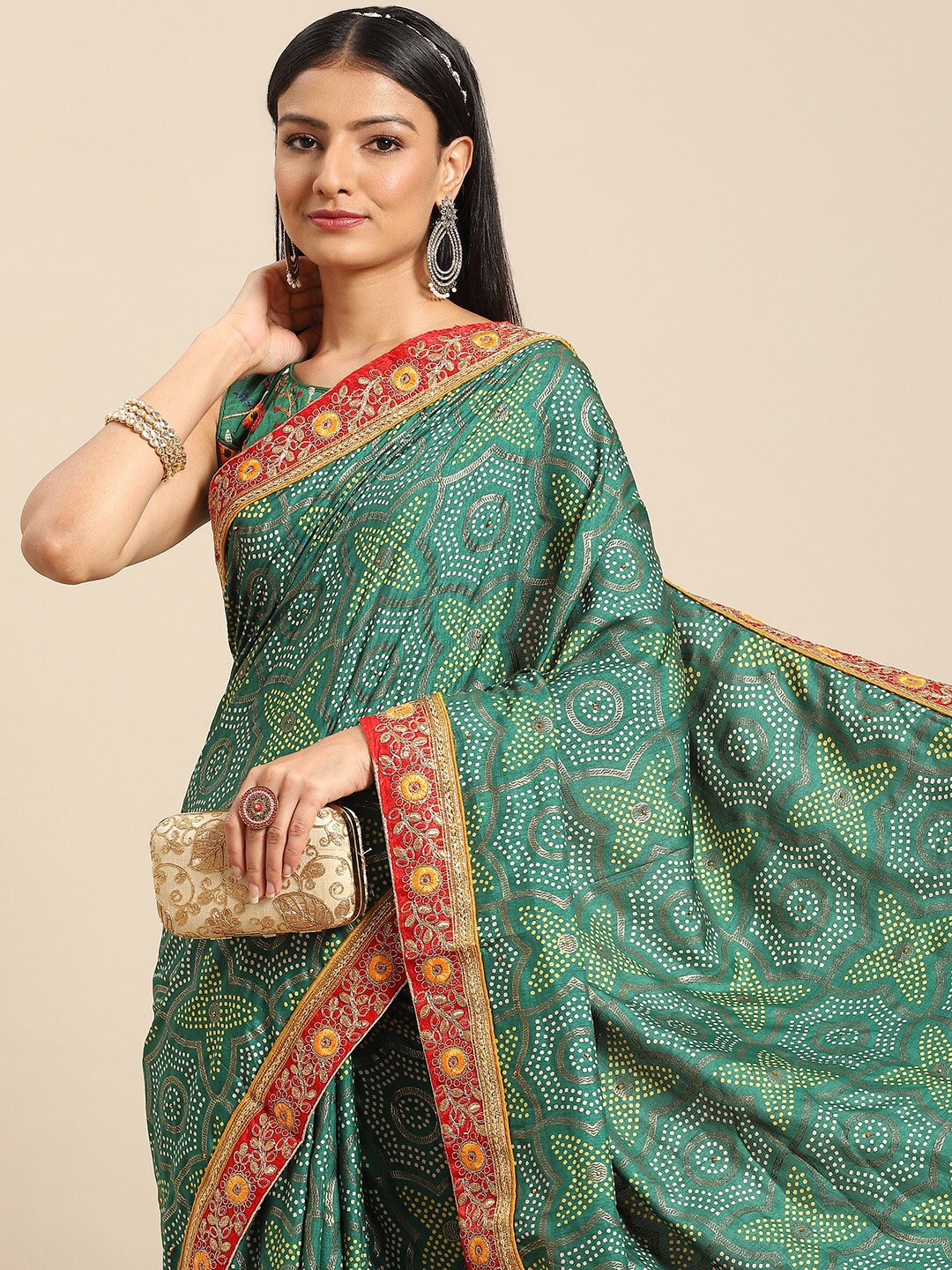 

all about you Green & Red Bandhani Printed Saree