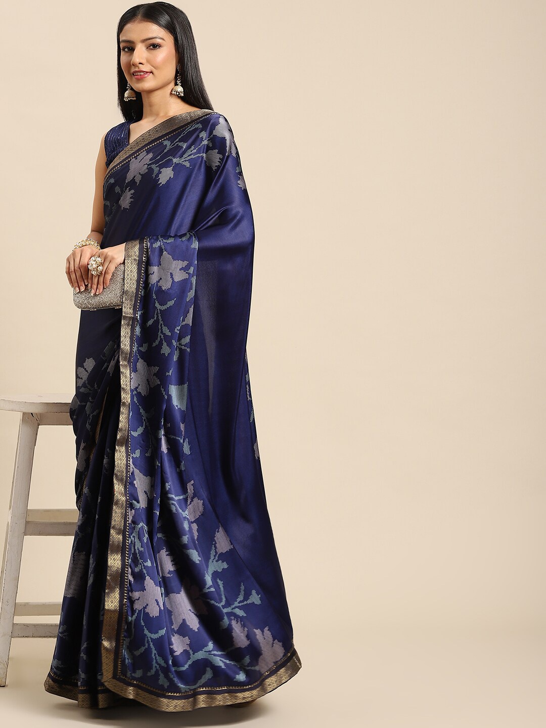 

all about you Blue & Silver-Toned Floral Printed Satin Saree