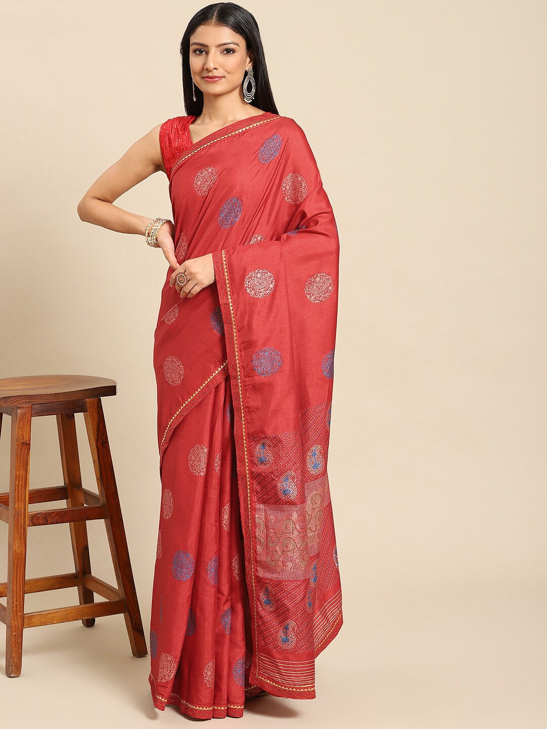 

all about you Red & Blue Woven Design Beads and Stones Embellished Saree