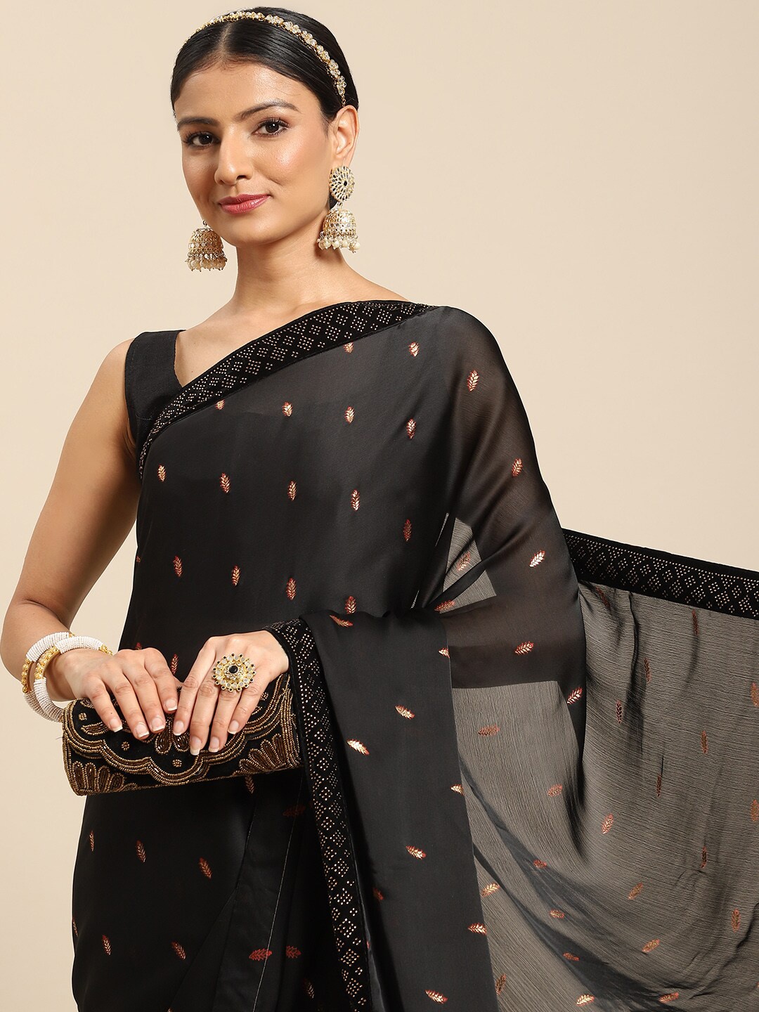 

all about you Black & White Floral Woven Design Beads and Stones Saree