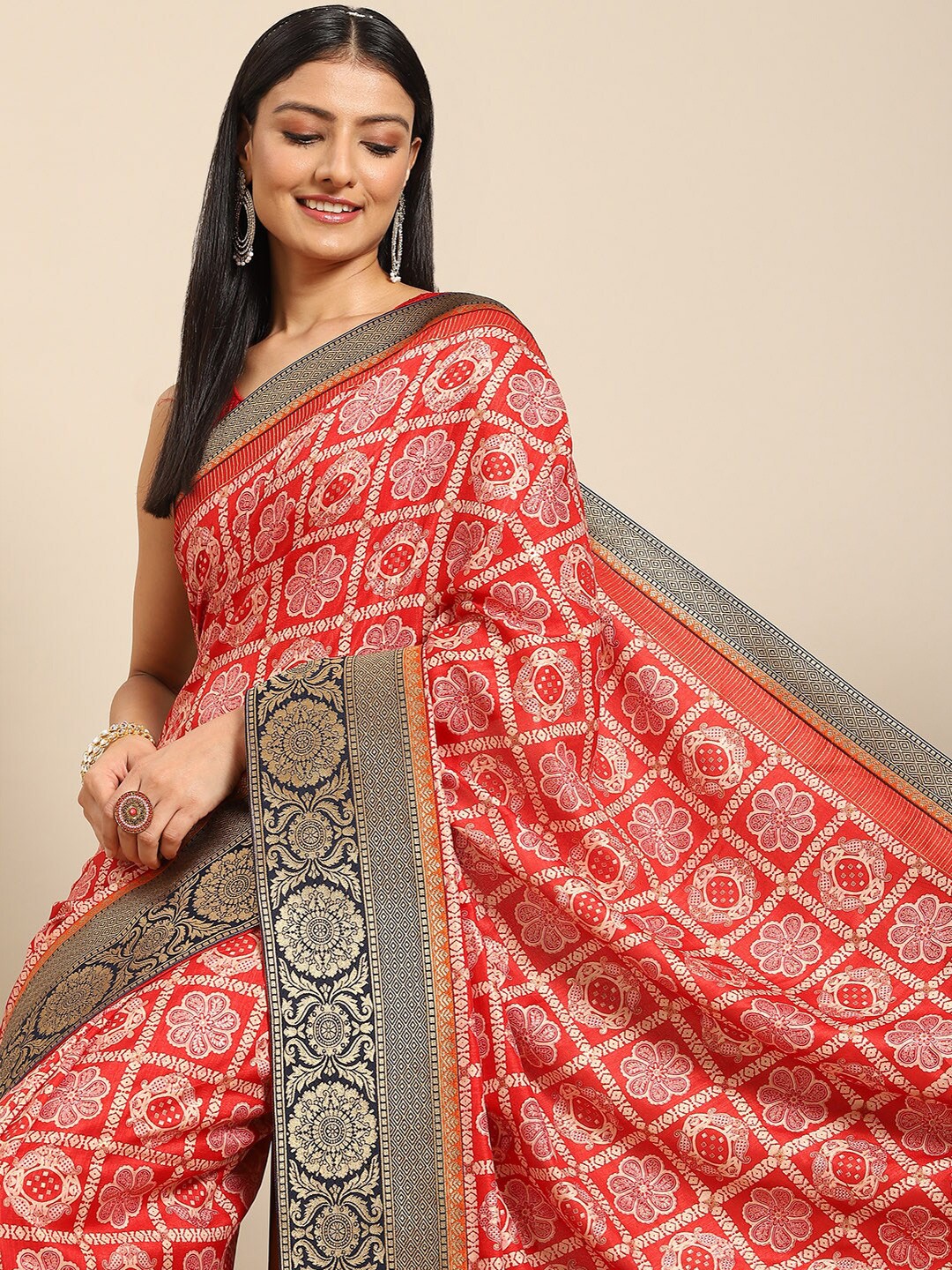 

all about you Red & Black Ethnic Motifs Printed Zari Saree