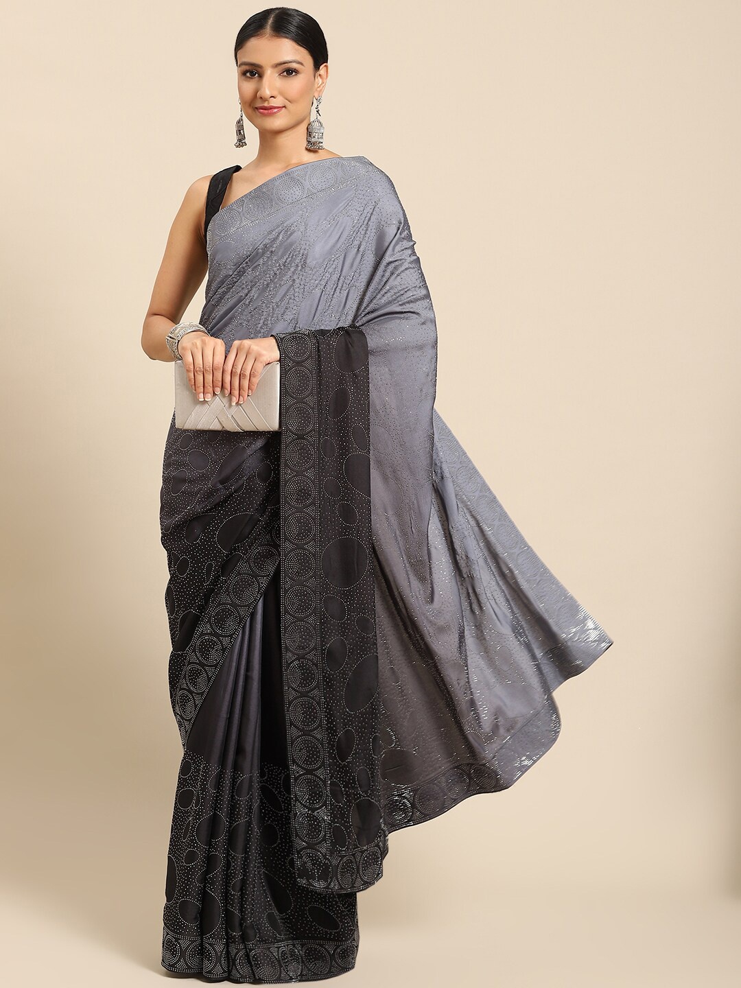 

all about you Pink Embellished Beads and Stones Satin Saree, Grey