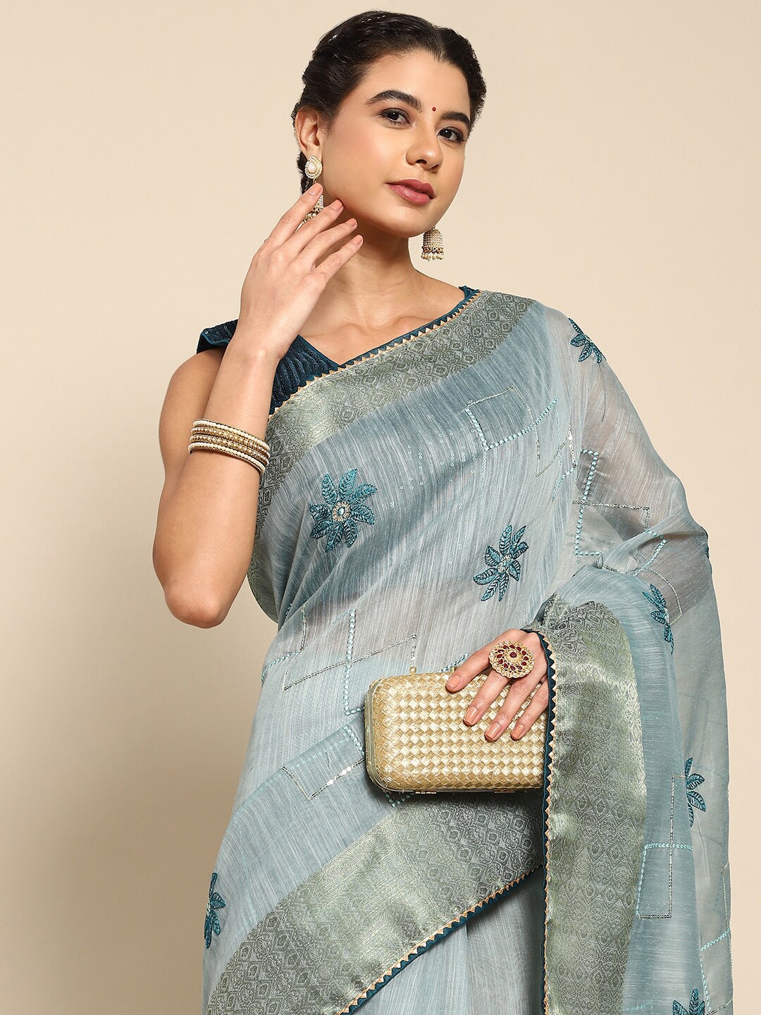 

all about you Blue & Gold-Toned Floral Embroidered Zari Saree