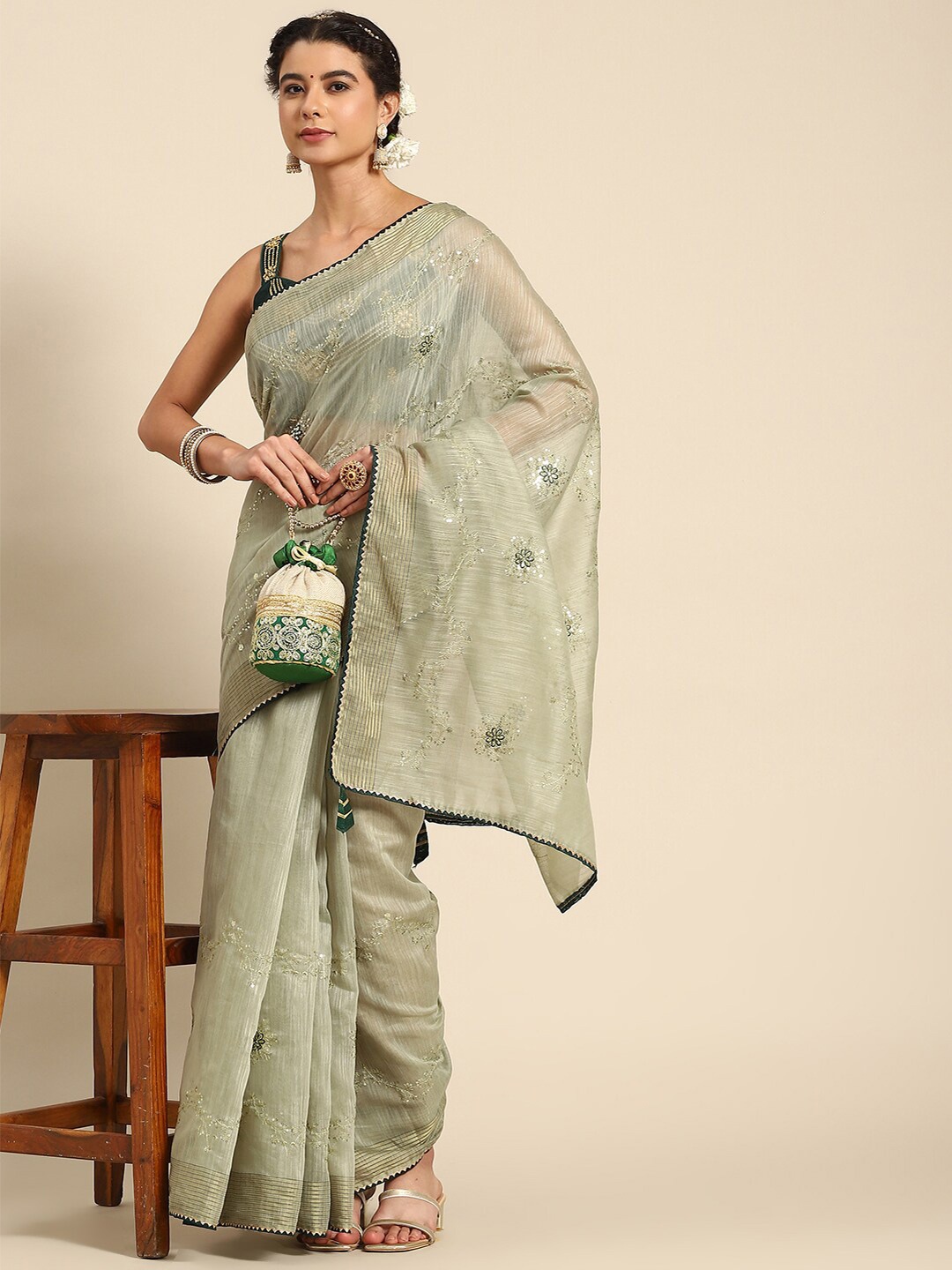 

all about you Green & Gold-Toned Floral Embroidered Saree