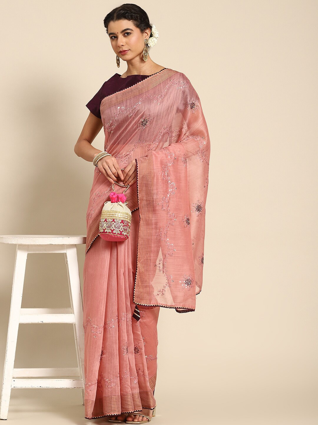 

all about you Pink & Mauve Floral Embroidered Saree