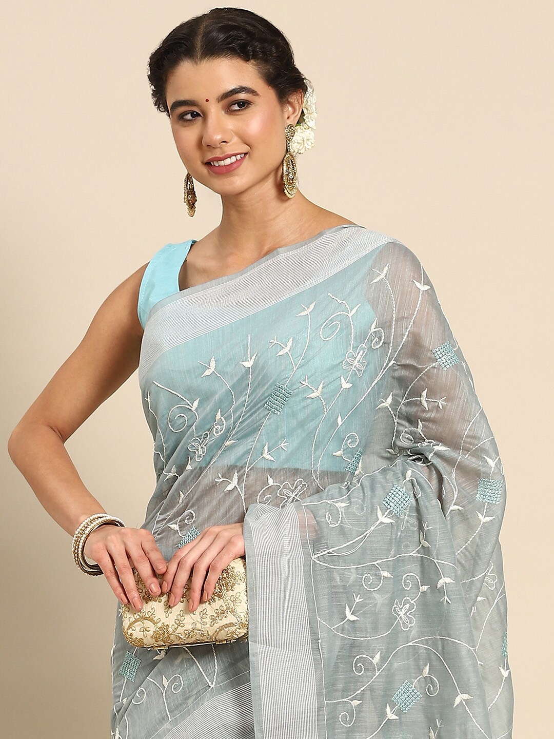 

all about you Blue & White Floral Embroidered Saree