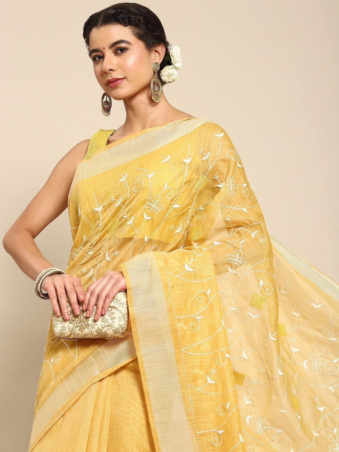 

all about you Yellow & White Floral Embroidered Saree