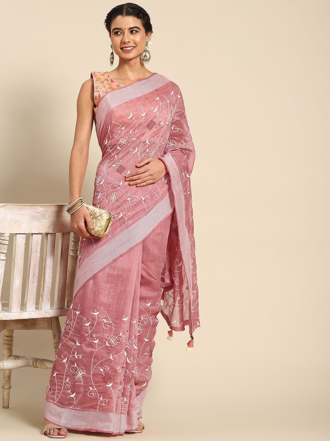 

all about you Pink & White Floral Embroidered Saree