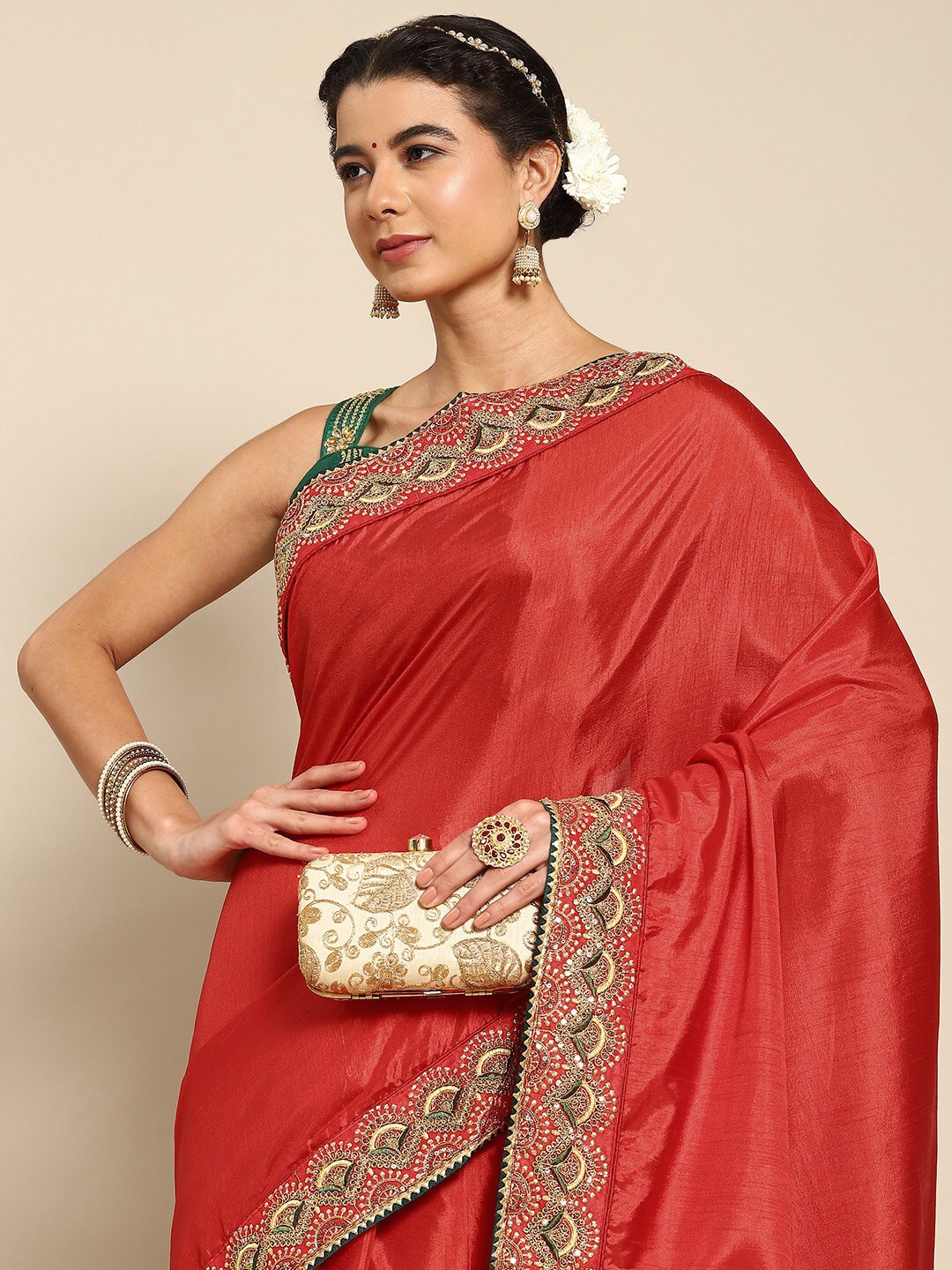 

all about you Red & Green Embroidered Saree