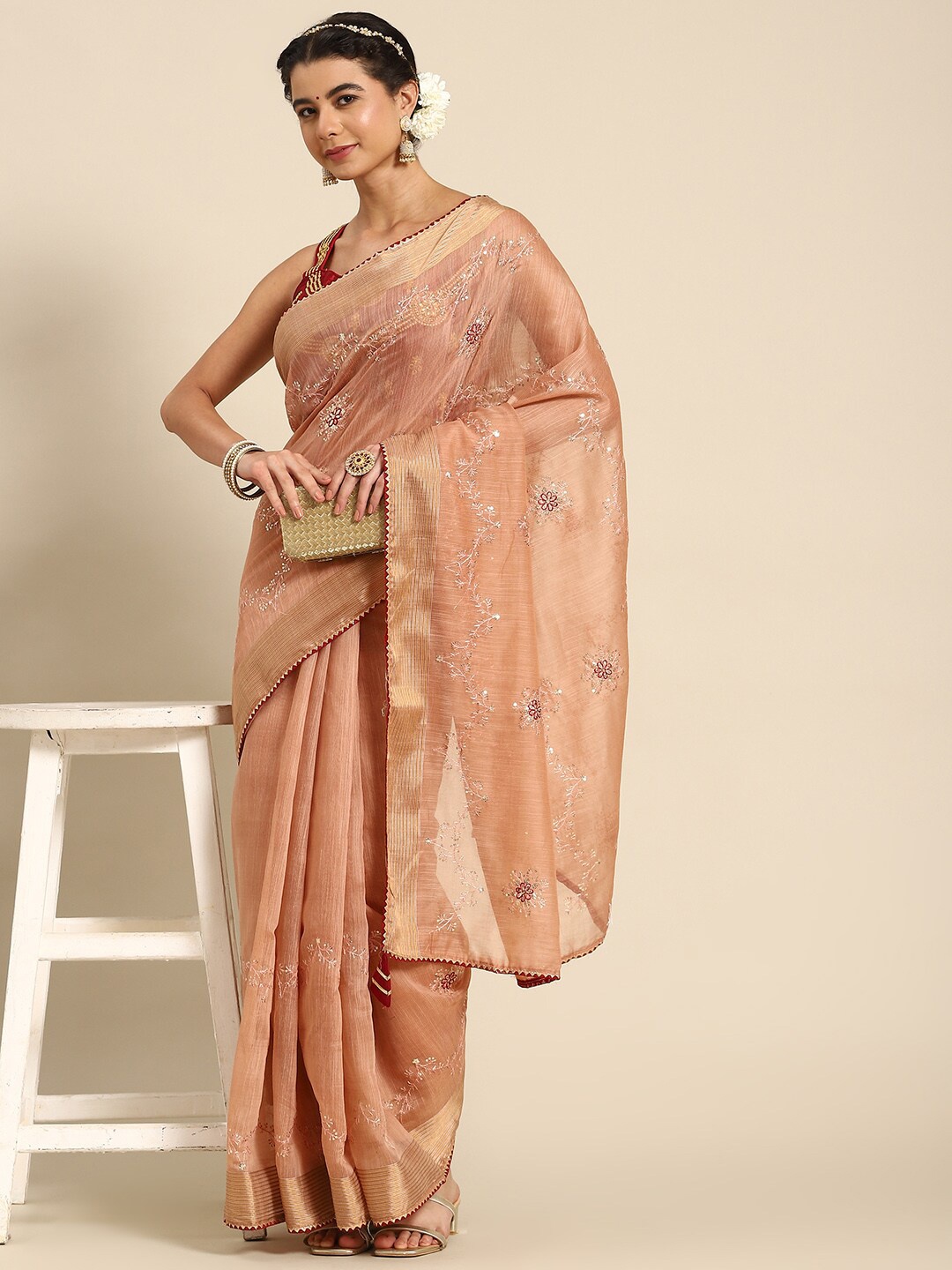 

all about you Peach-Coloured & Red Floral Embroidered Saree