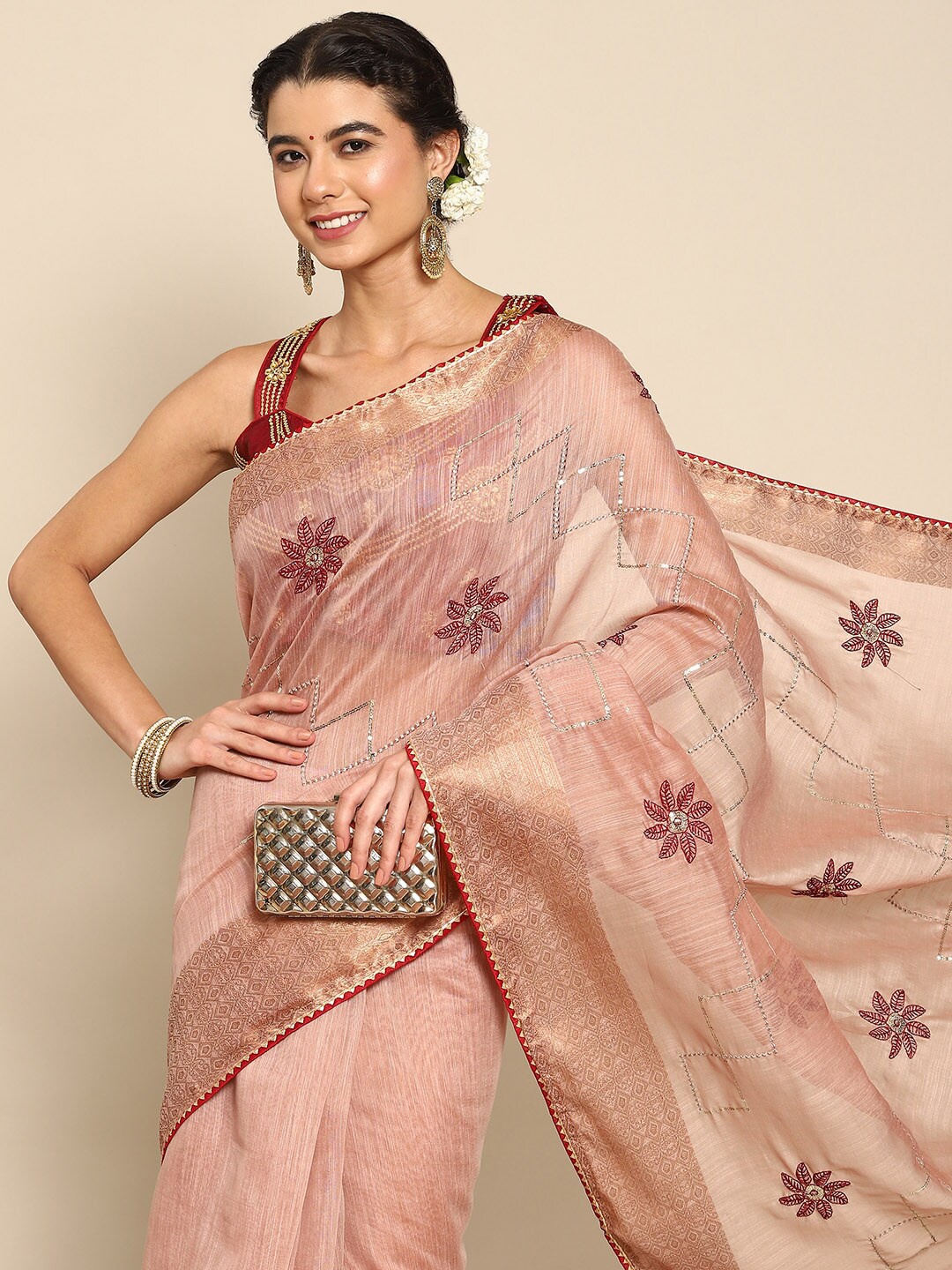 

all about you Peach-Coloured & Red Floral Embroidered Saree