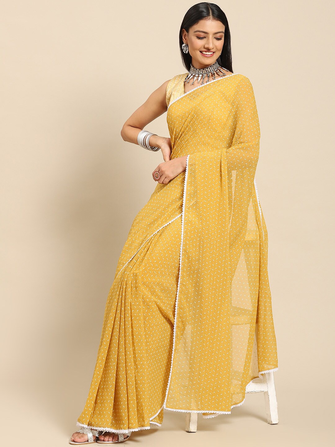 

all about you Yellow & White Geometric Printed Saree