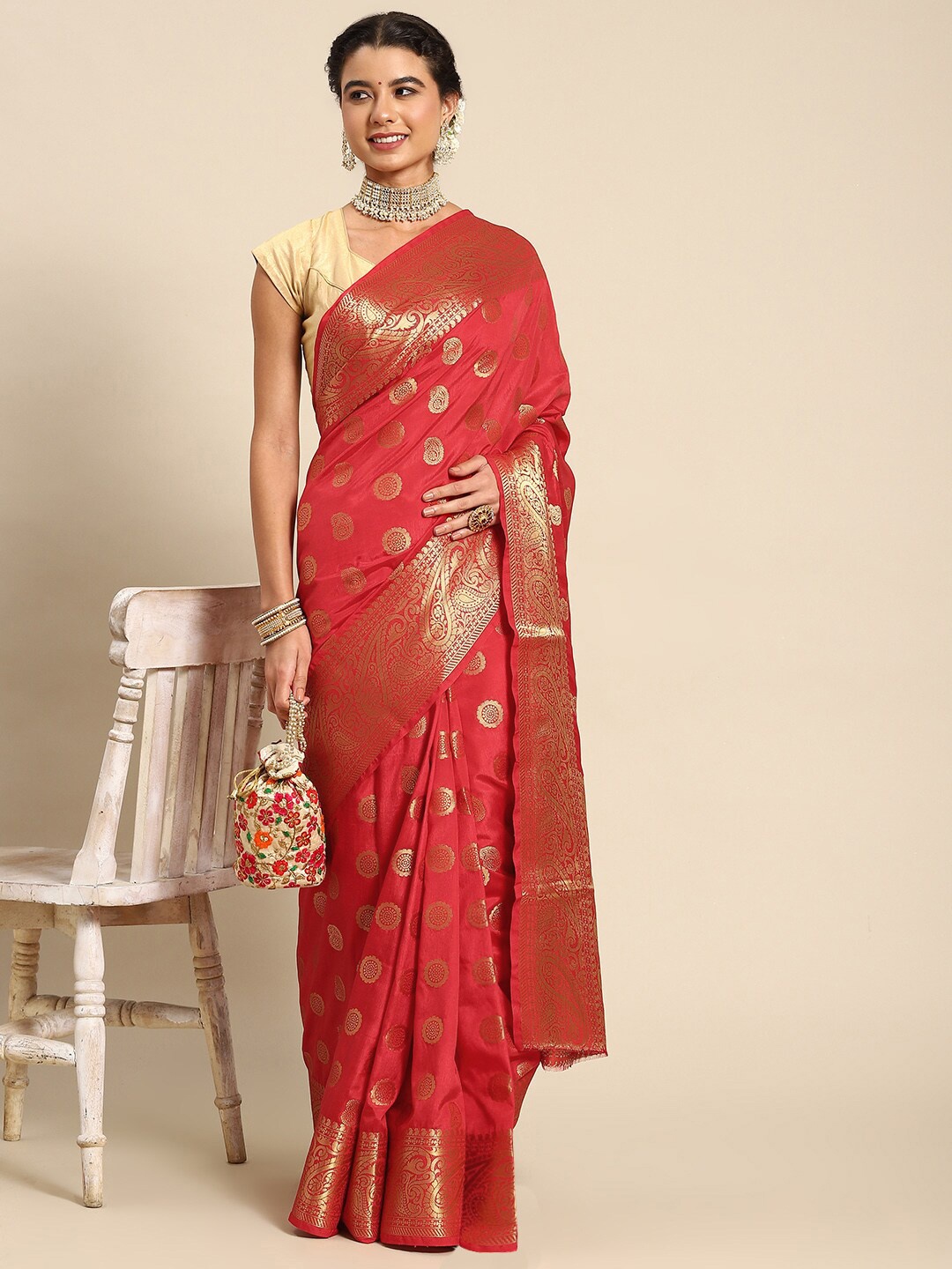 

all about you Red & Gold-Toned Woven Design Zari Banarasi Saree