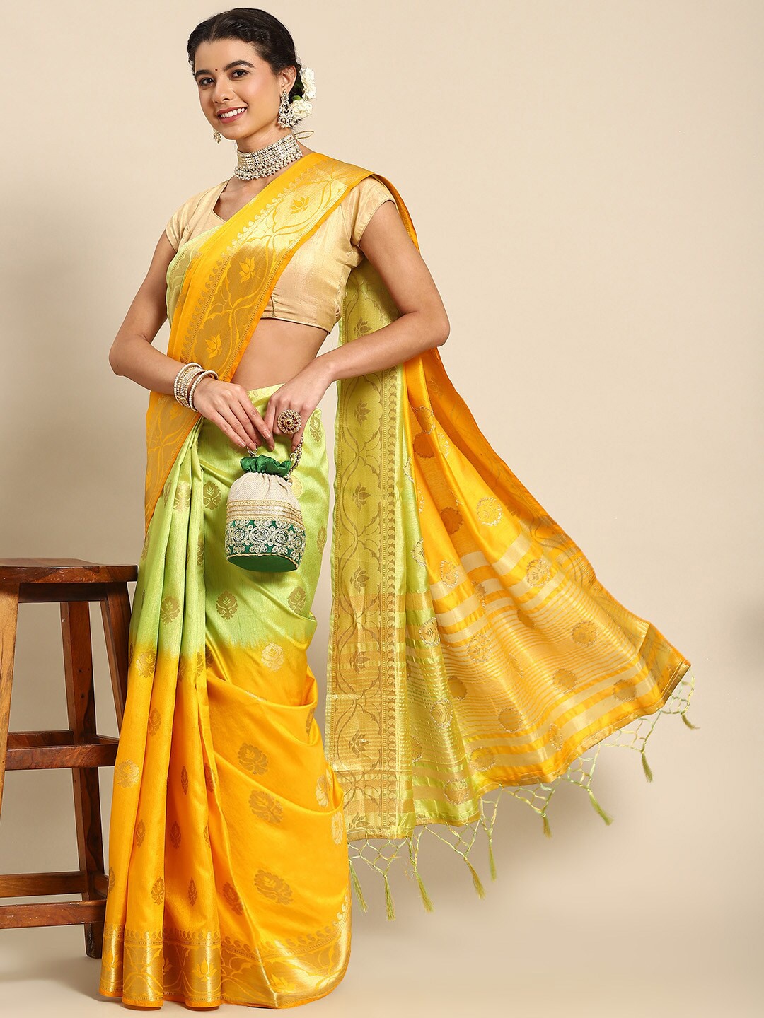 

all about you Green & Mustard Woven Design Zari Banarasi Saree