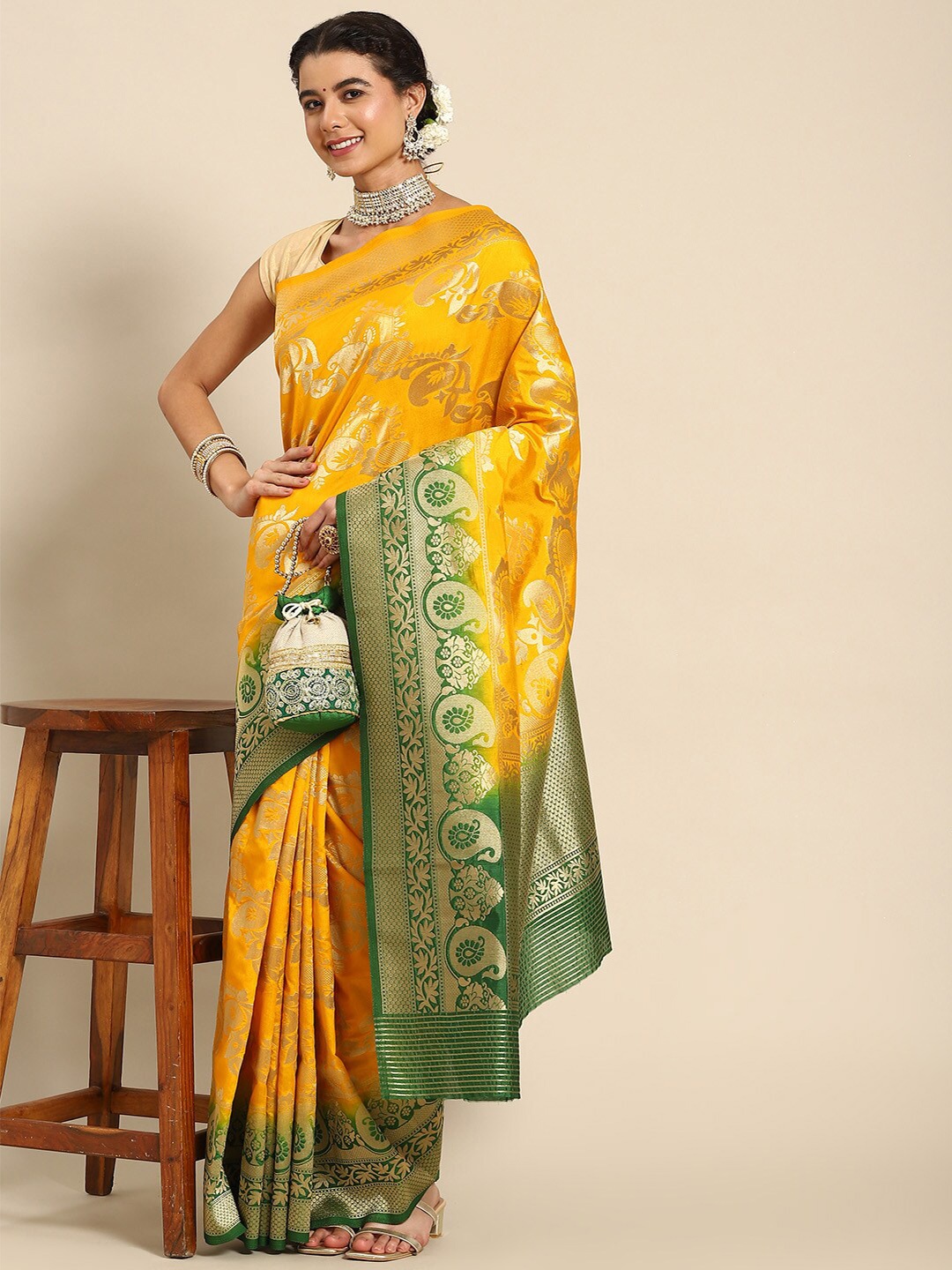 

all about you Yellow & Green Woven Design Zari Banarasi Saree
