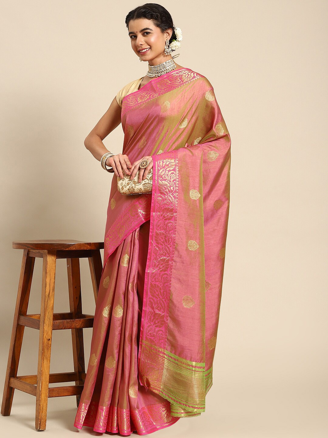 

all about you Pink & Gold-Toned Woven Design Zari Banarasi Saree