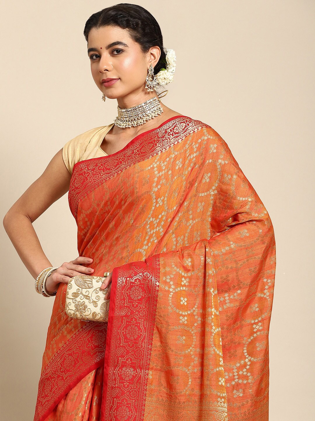 

all about you Orange & Gold-Toned Woven Design Zari Silk Blend Banarasi Saree
