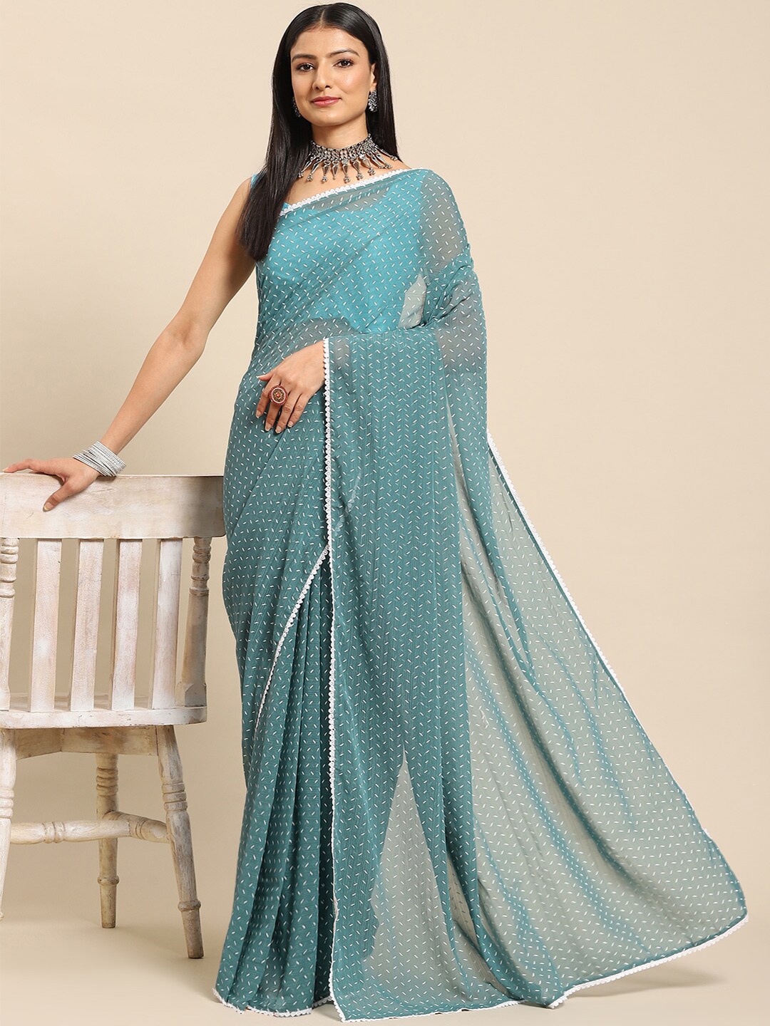 

all about you Turquoise Blue & White Embroidered Poly Chiffon Saree