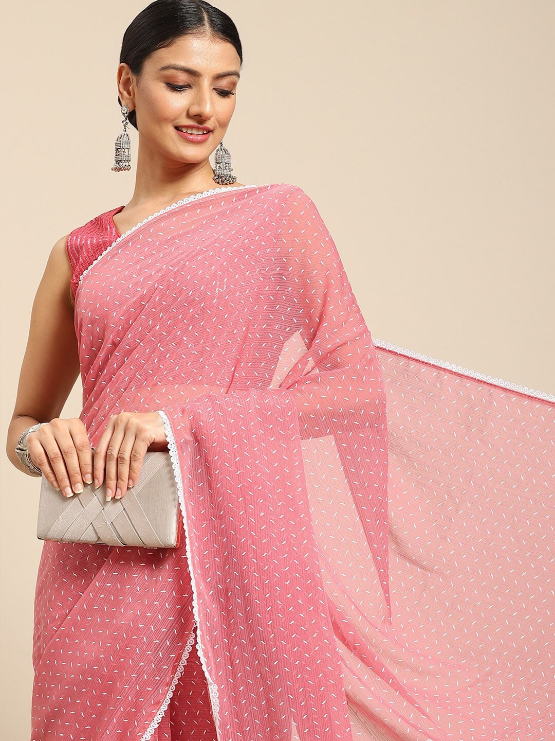 

all about you Pink & White Abstract Printed Poly Chiffon Saree