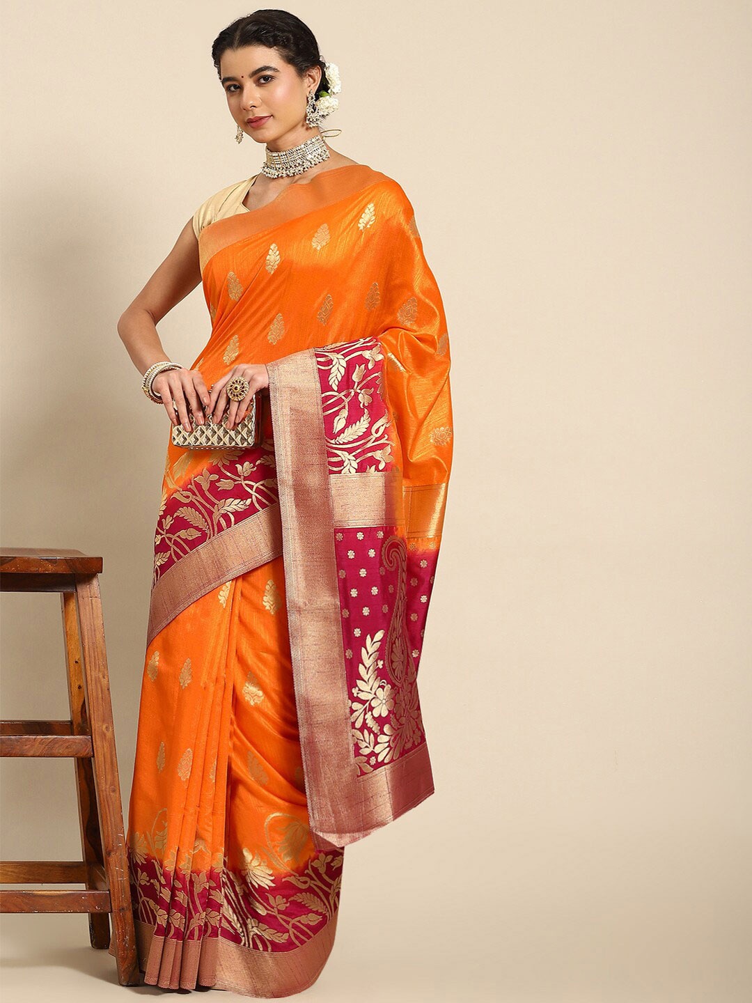 

all about you Orange & Purple Ethnic Motifs Woven Design Zari Banarasi Saree