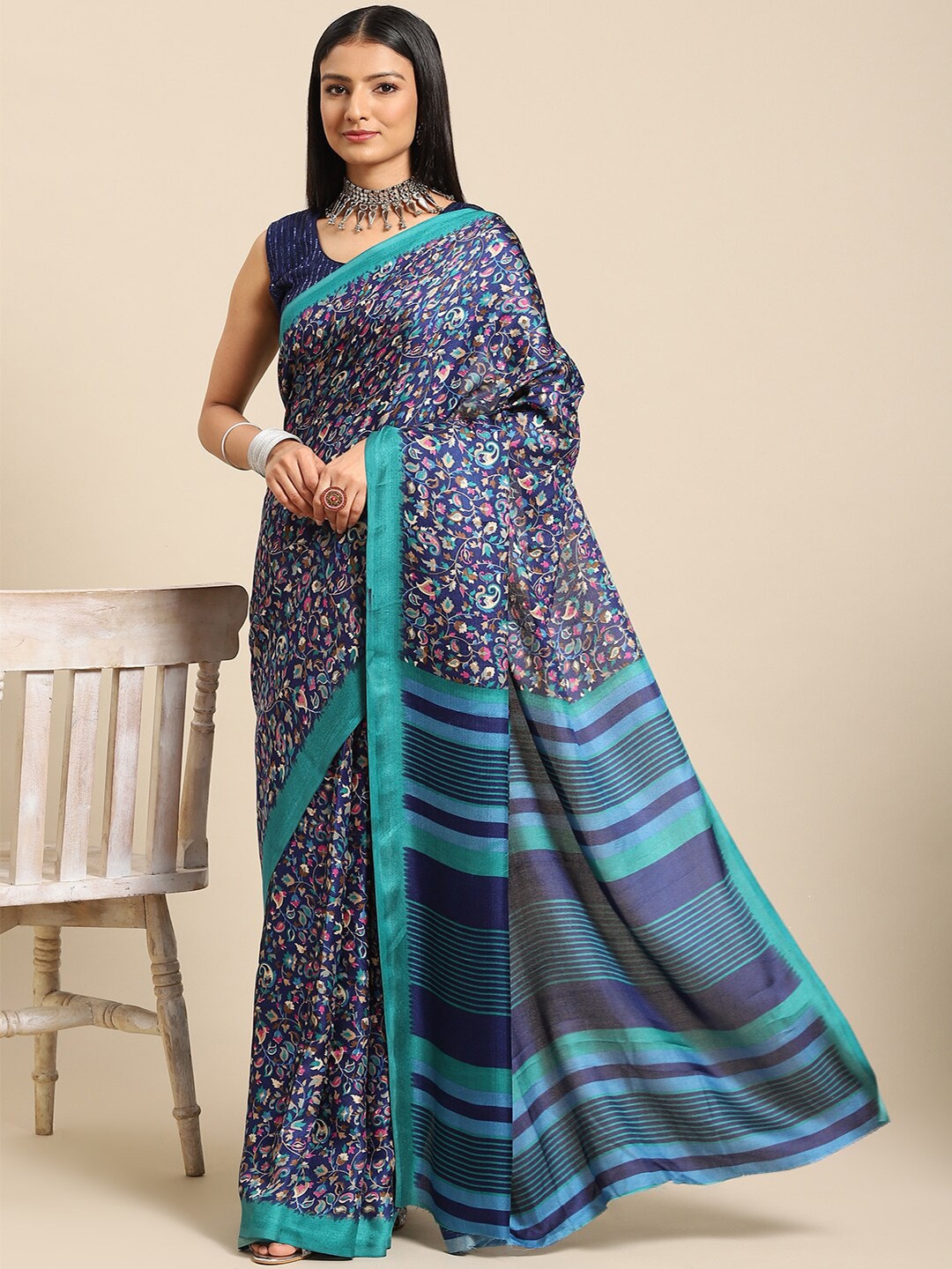 

all about you Blue & Pink Ethnic Motifs Printed Saree