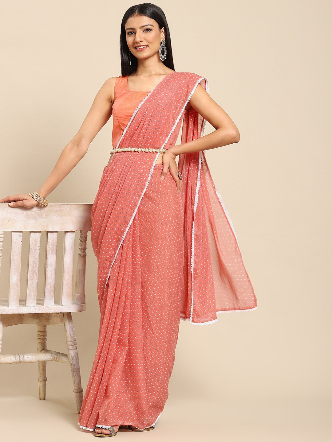 

all about you Peach-Coloured & White Abstract Printed Poly Chiffon Saree