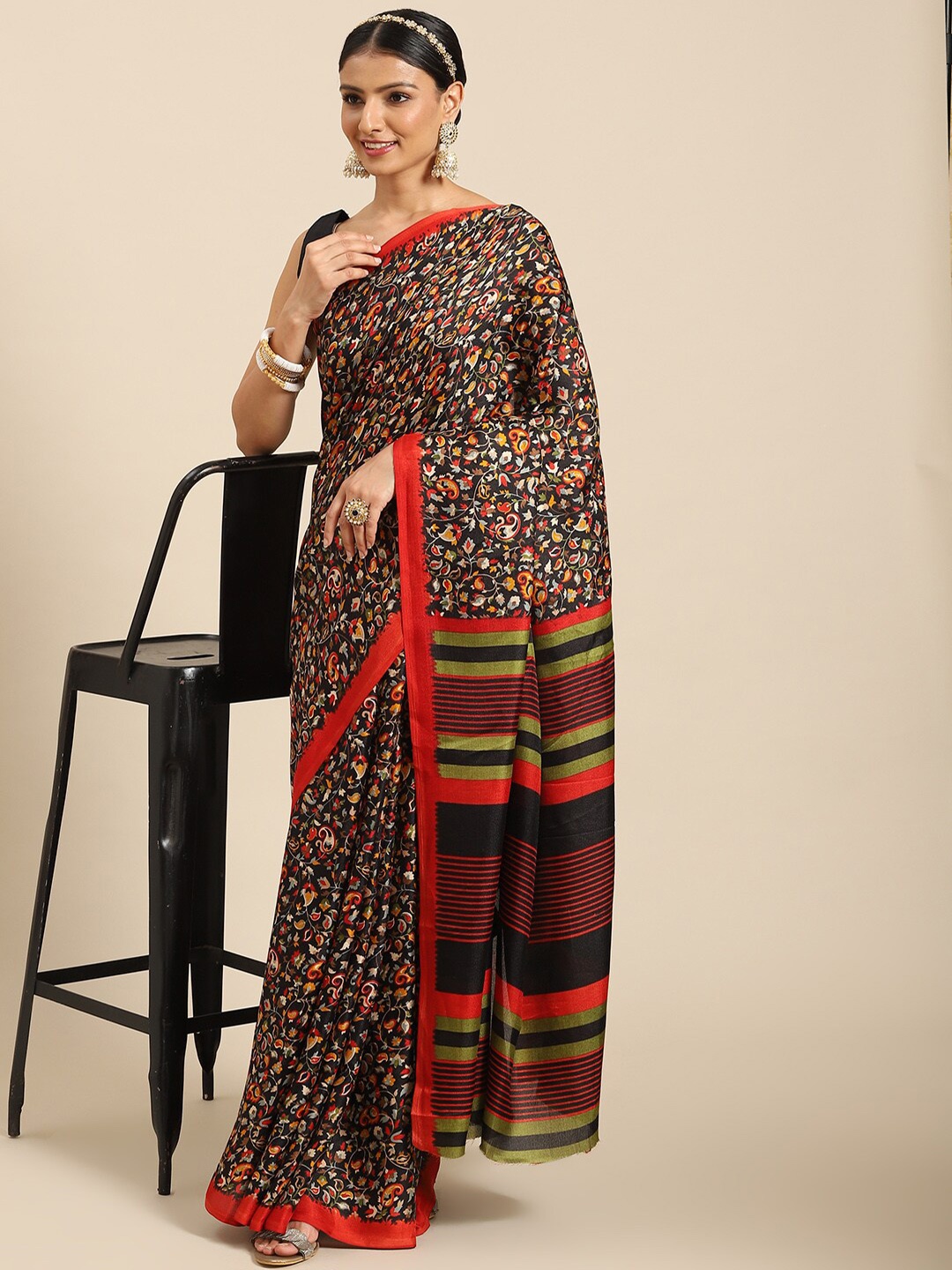 

all about you Black & Red Floral Printed Saree