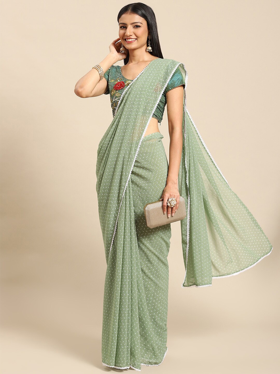 

all about you Green & White Embroidered Abstract Printed Saree